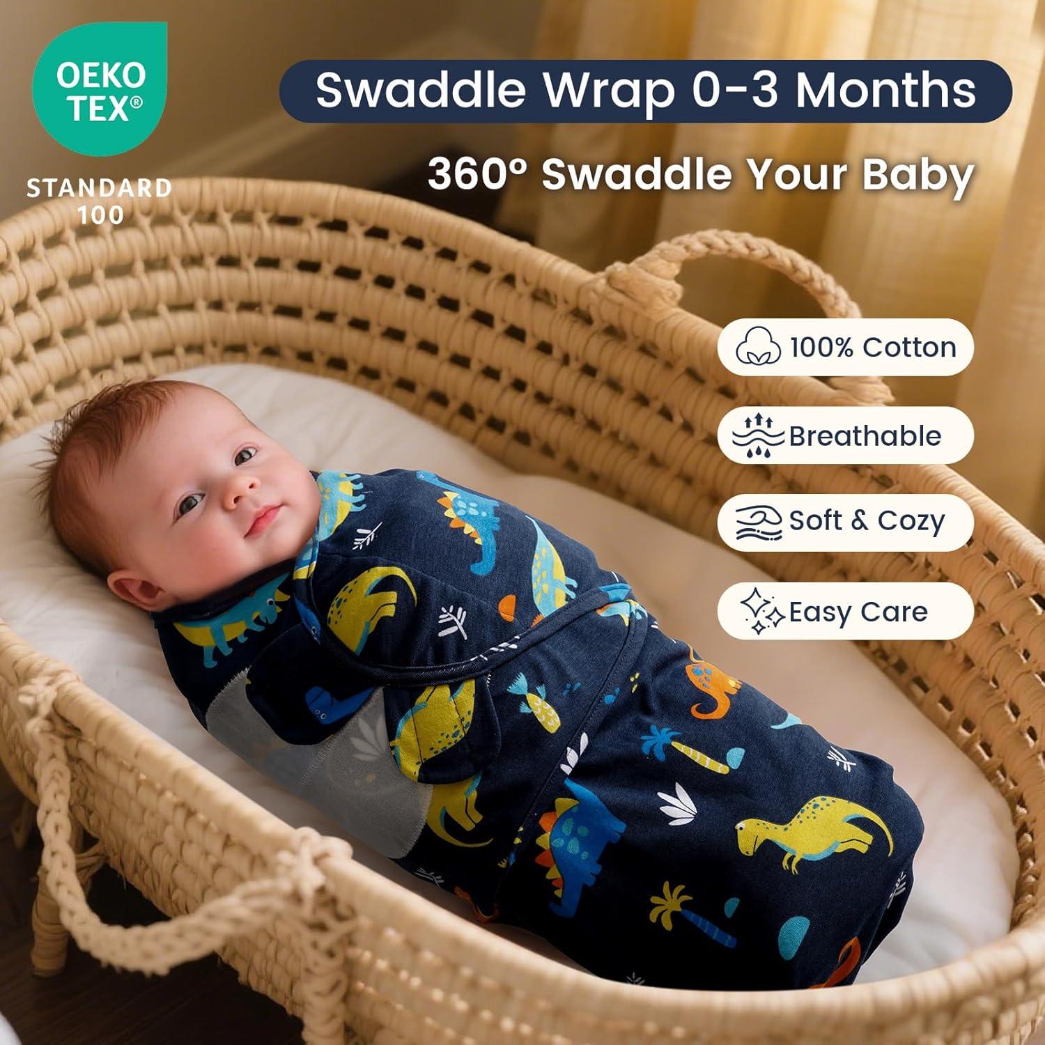 Paquete de 3 Envolturas de Swaddle David Algodón Dinosaurio 0-3 Meses