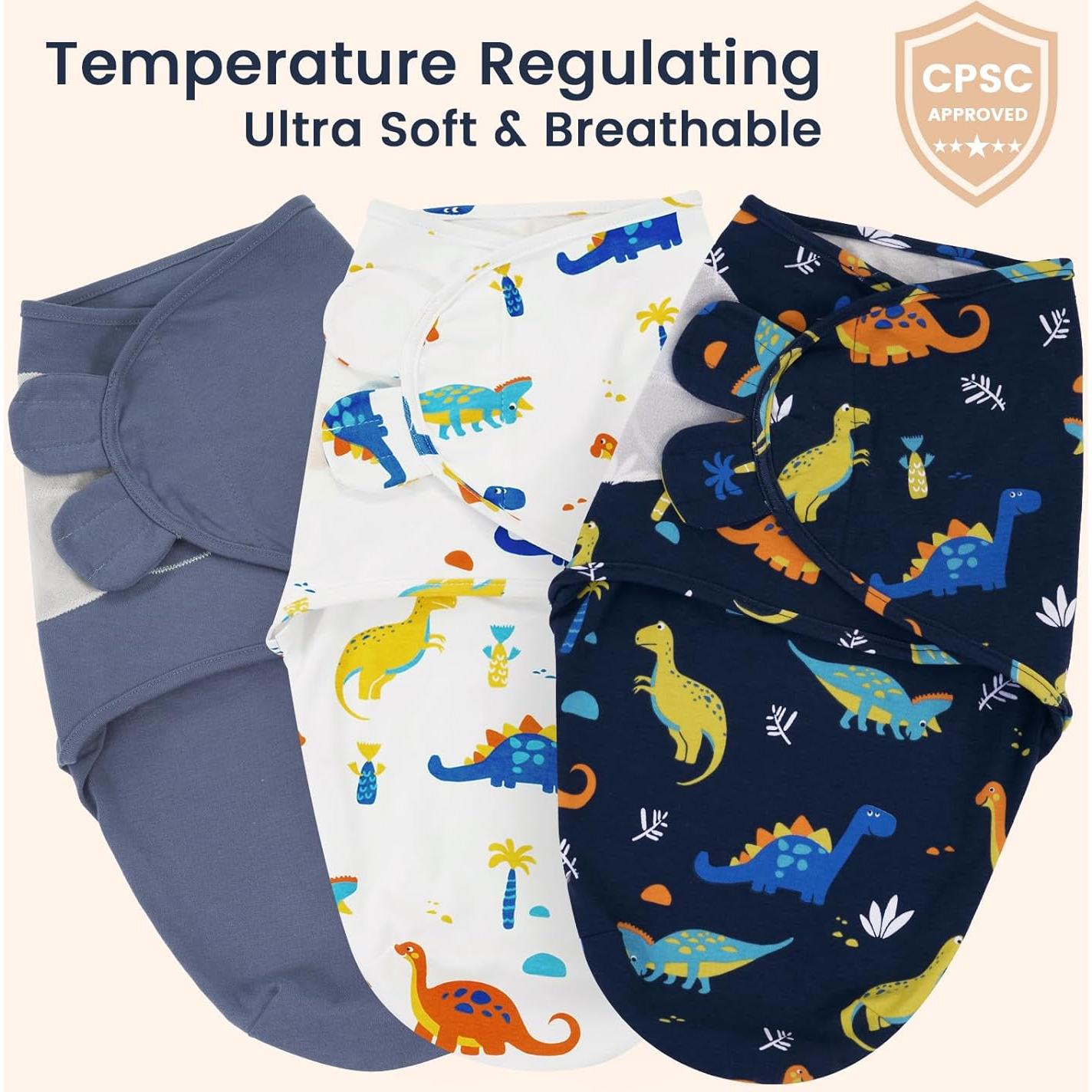 Paquete de 3 Envolturas de Swaddle David Algodón Dinosaurio 0-3 Meses