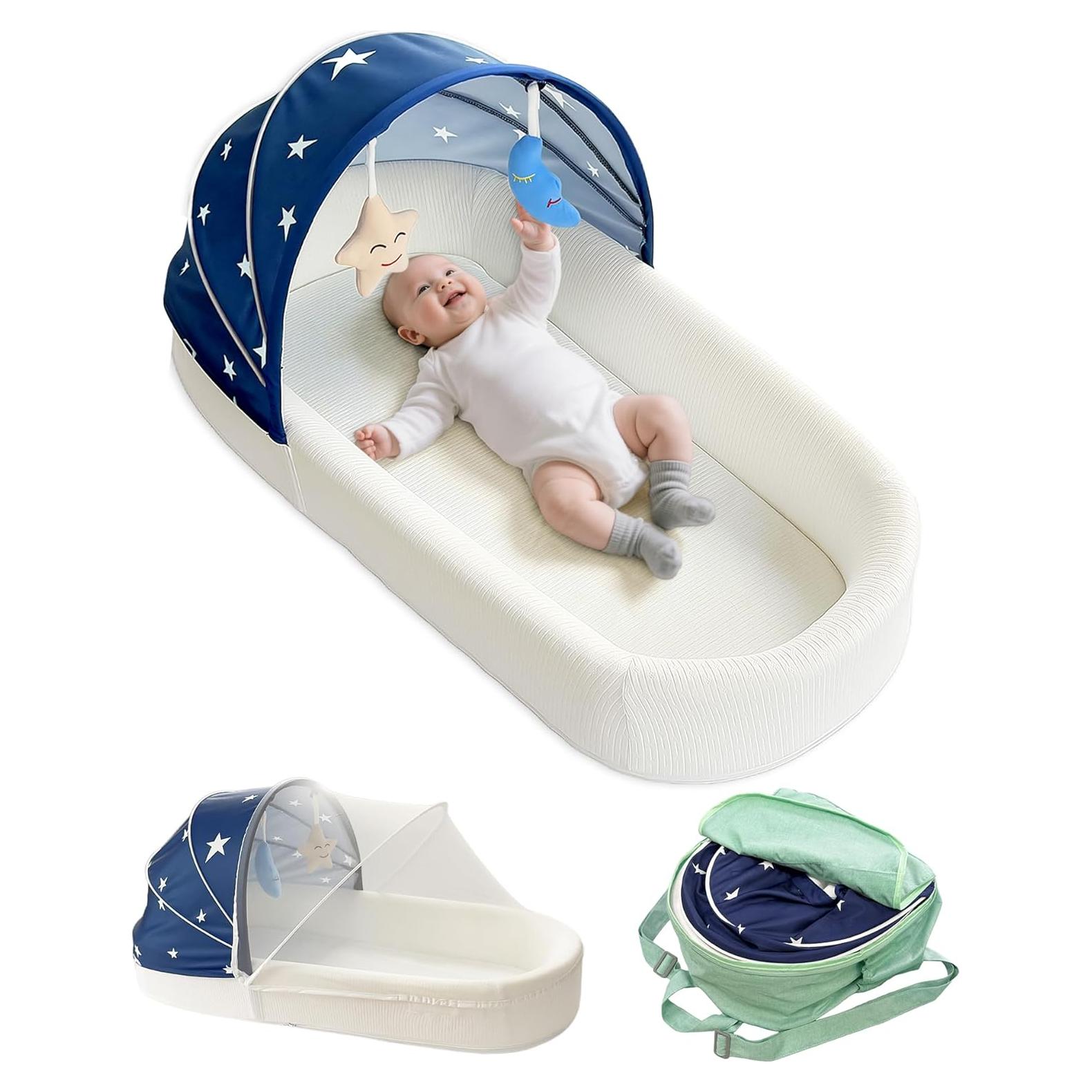 Cuna portátil grande azul para bebés - Cuna de viaje con toldo