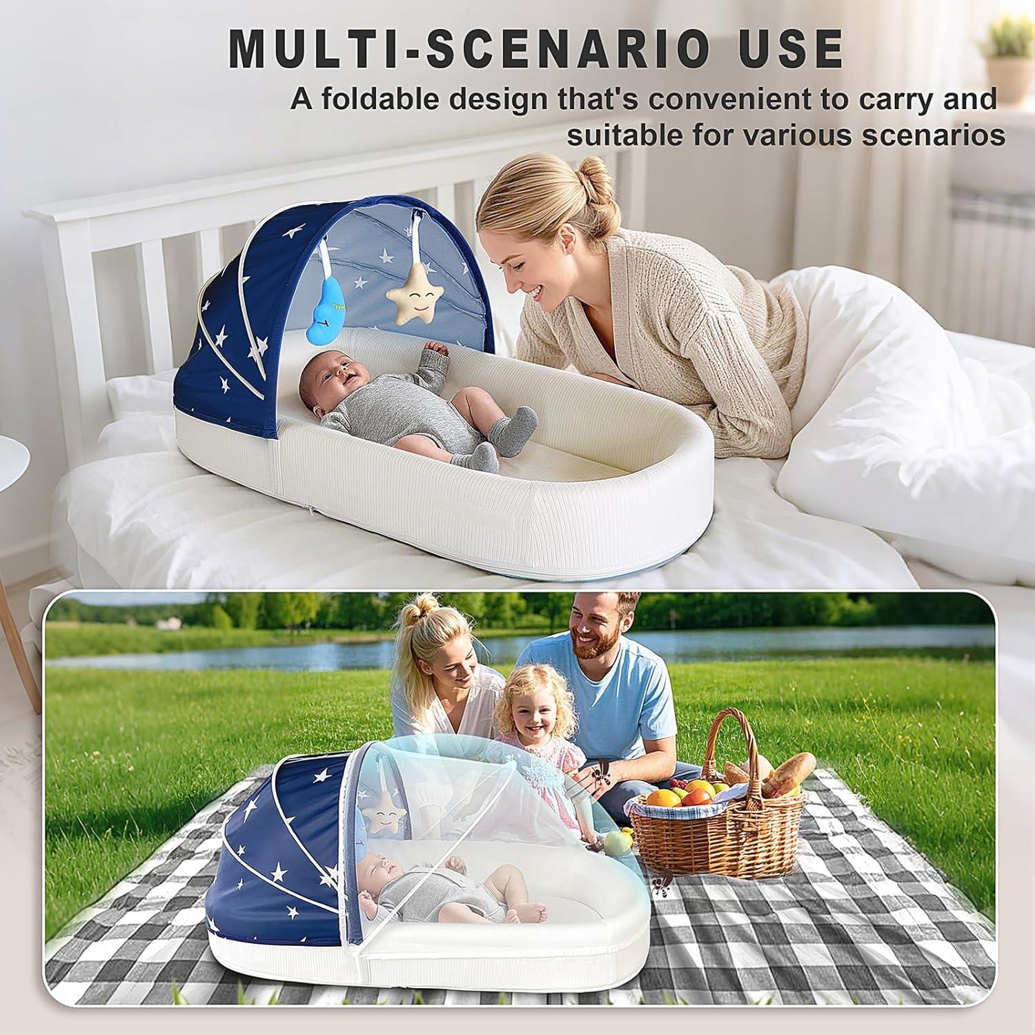 Cuna portátil grande azul para bebés - Cuna de viaje con toldo