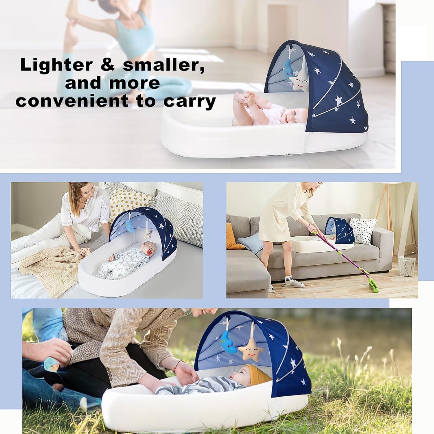 Cuna portátil grande azul para bebés - Cuna de viaje con toldo