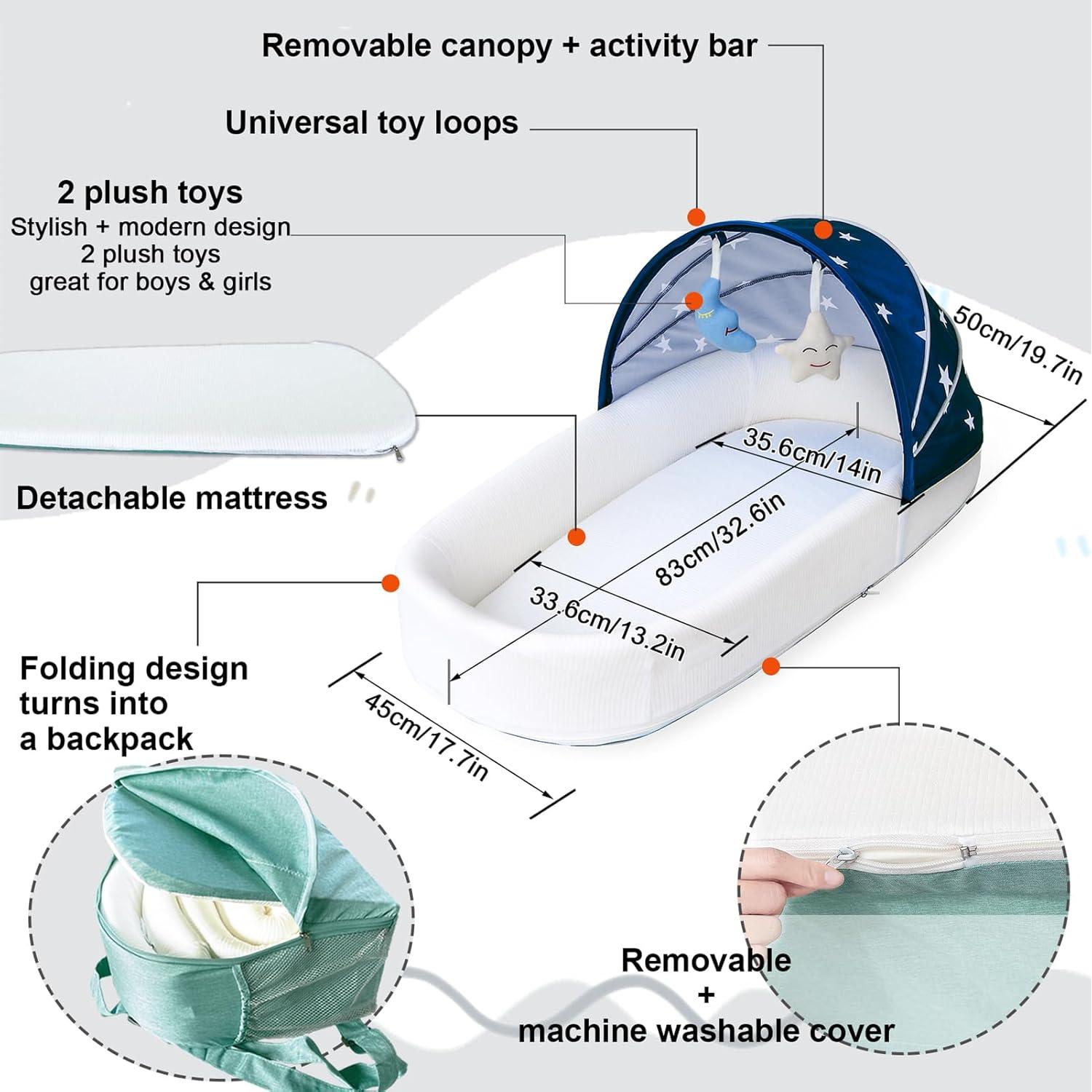 Cuna portátil grande azul para bebés - Cuna de viaje con toldo