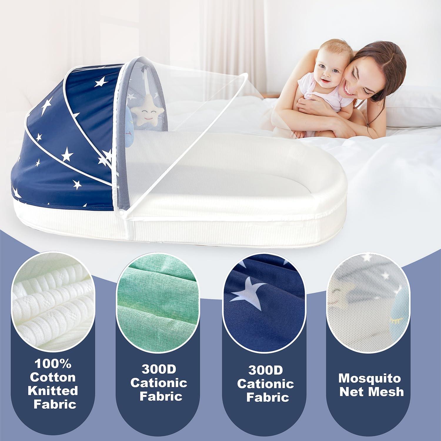 Cuna portátil grande azul para bebés - Cuna de viaje con toldo