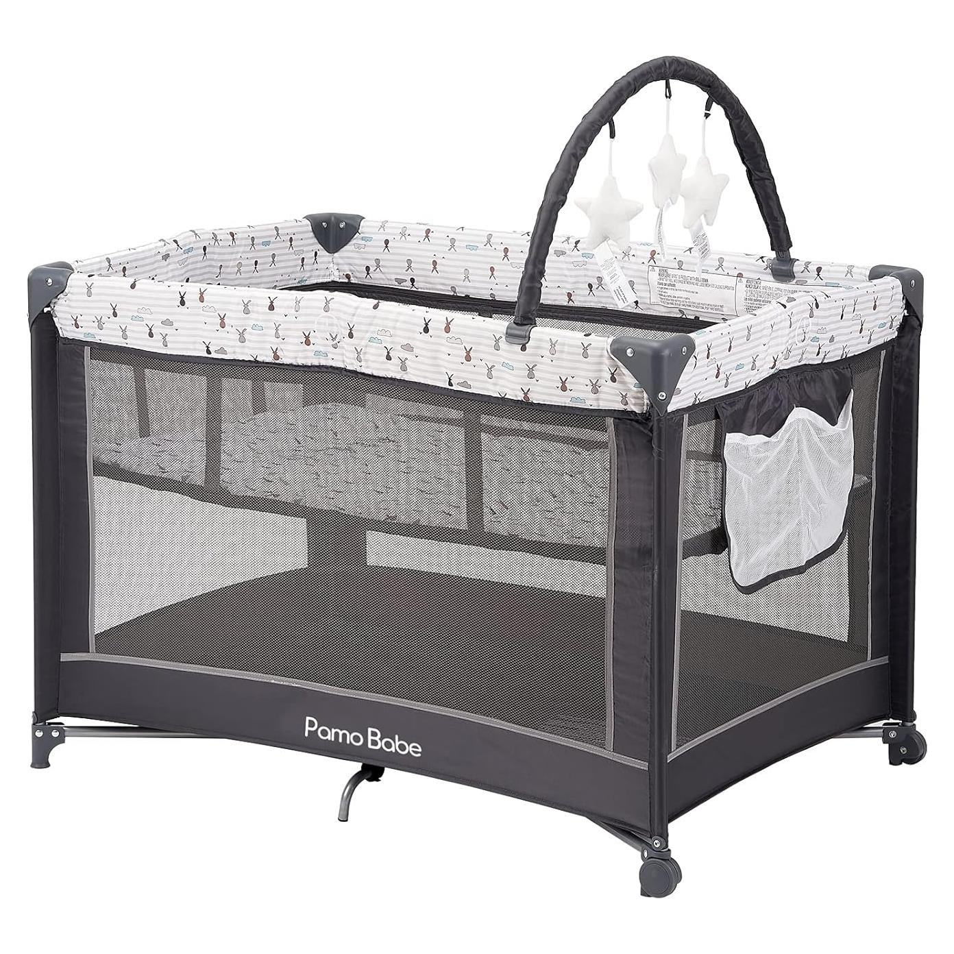 Cuna Portátil Pamo Babe Gris con Alfombrilla Acolchada