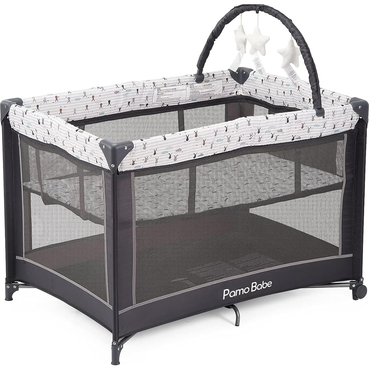 Cuna Portátil Pamo Babe Gris con Alfombrilla Acolchada