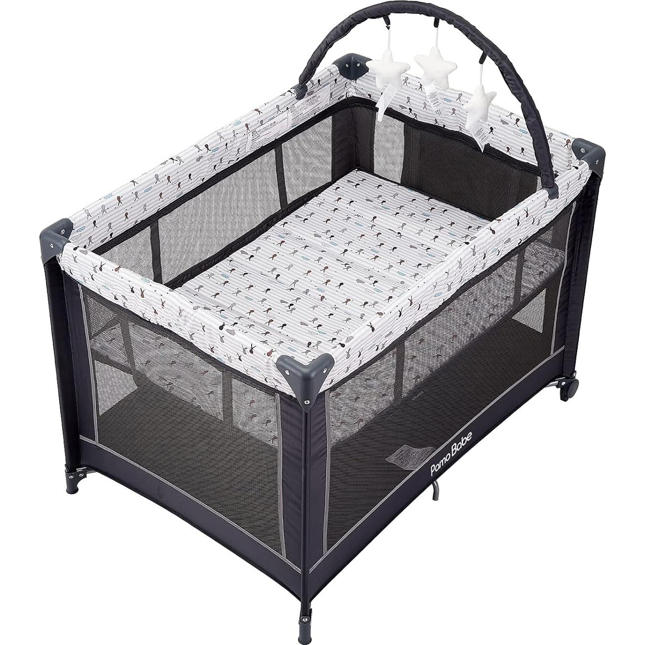 Cuna Portátil Pamo Babe Gris con Alfombrilla Acolchada