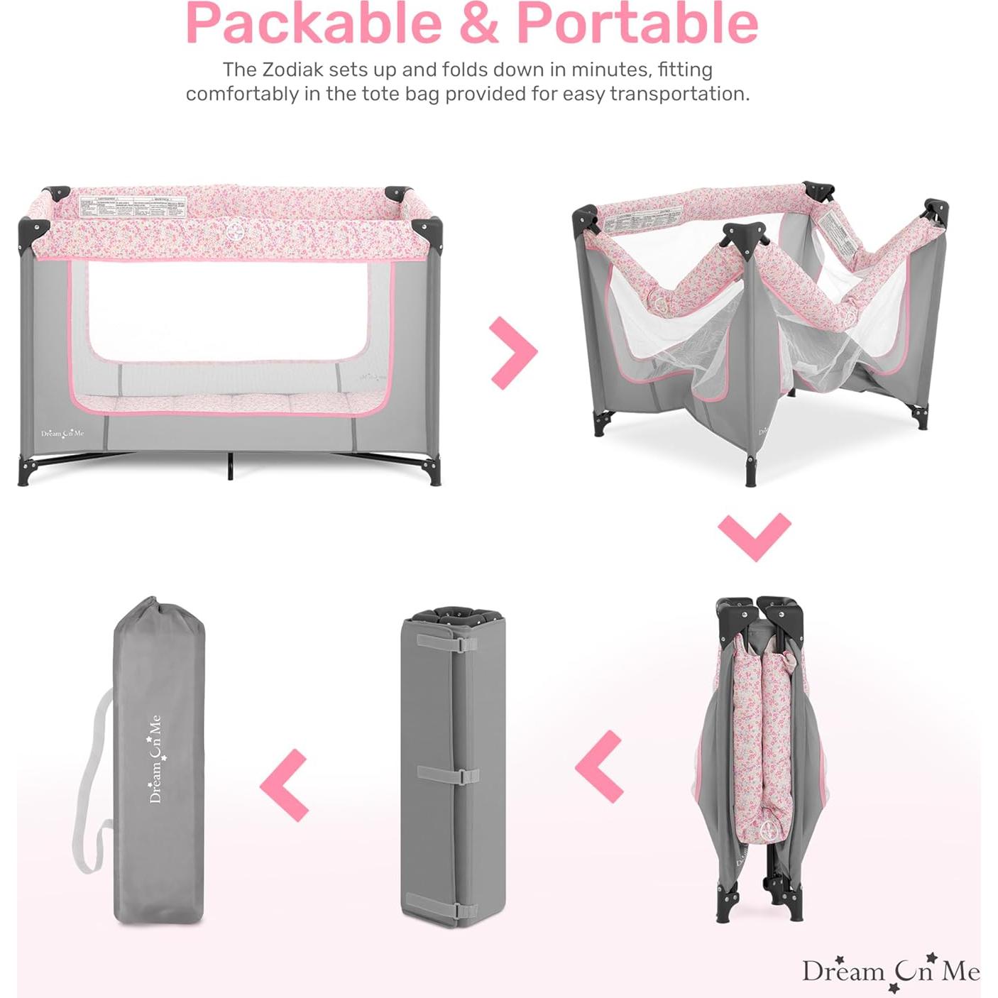 Cuna Portátil Dream On Me Zodiak Gris y Rosa, Ligera y Plegable