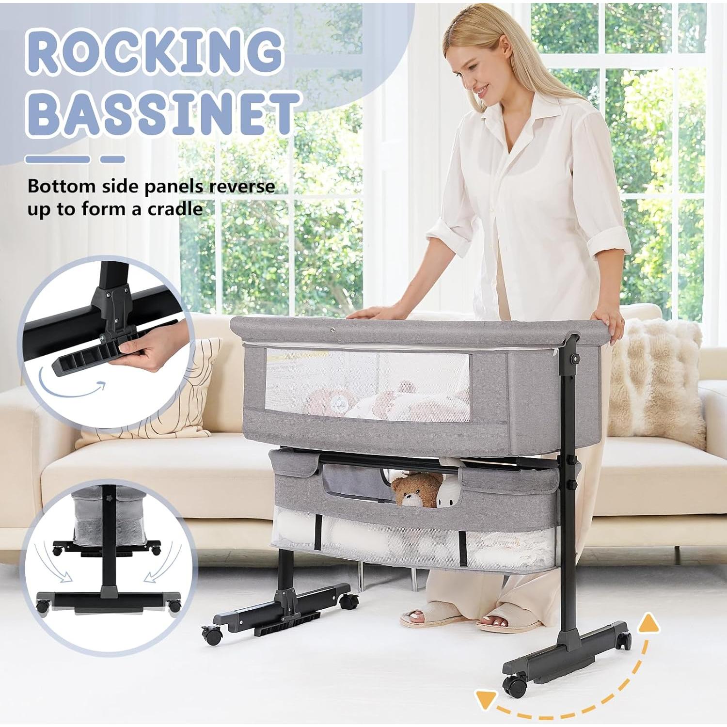 Cuna 3 en 1 Semphis Lateral Ajustable Gris con Ruedas