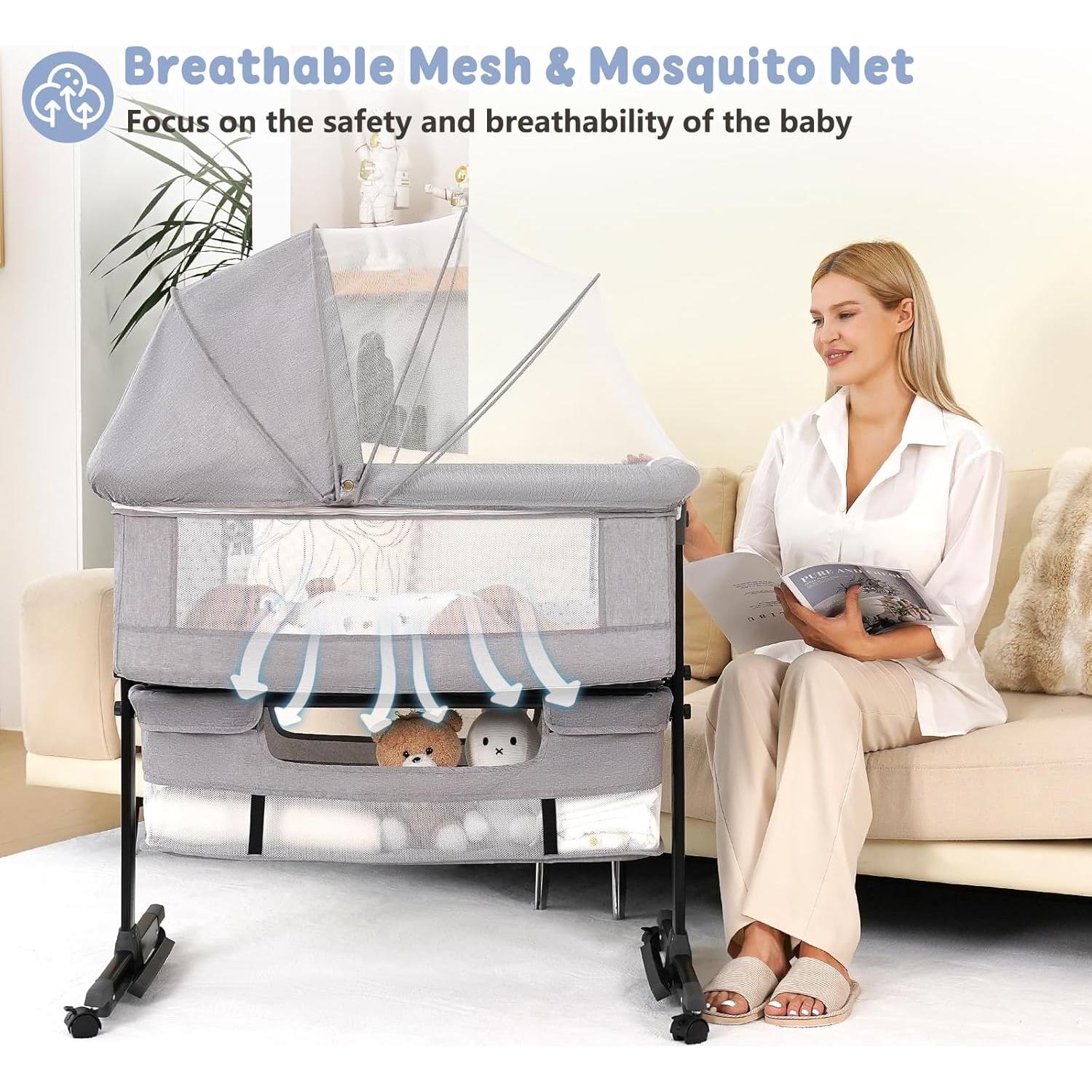 Cuna 3 en 1 Semphis Lateral Ajustable Gris con Ruedas