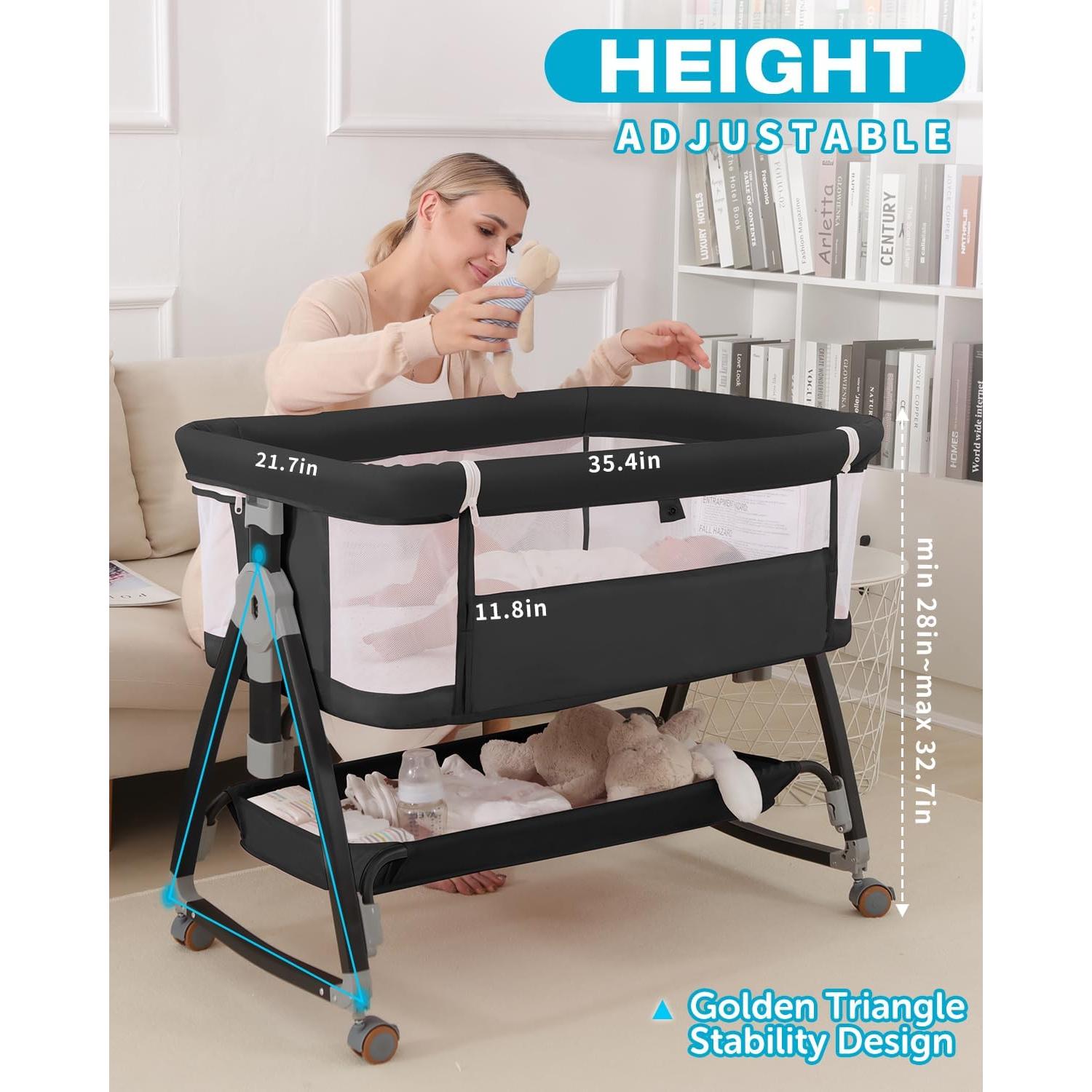 Cuna 3 en 1 Wayfong para Bebé Negra con Ruedas y Mosquitera