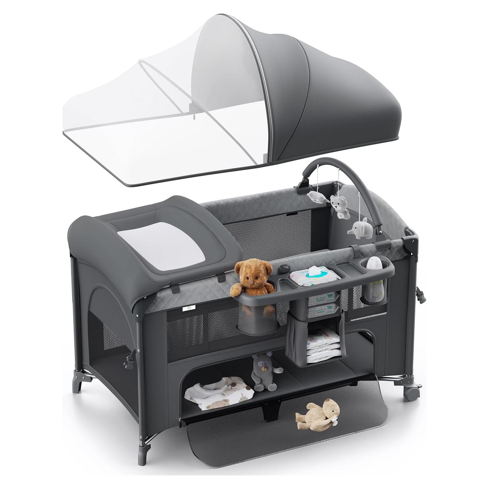 Cuna 4 en 1 Obee Odee Gris - Pack and Play, Cambiador, Colchón