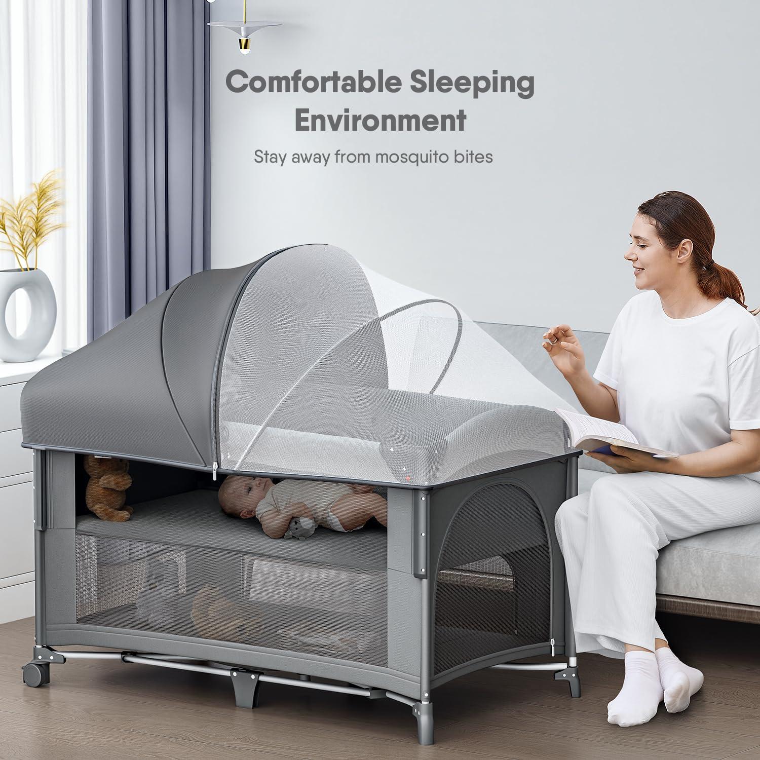 Cuna 4 en 1 Obee Odee Gris - Pack and Play, Cambiador, Colchón