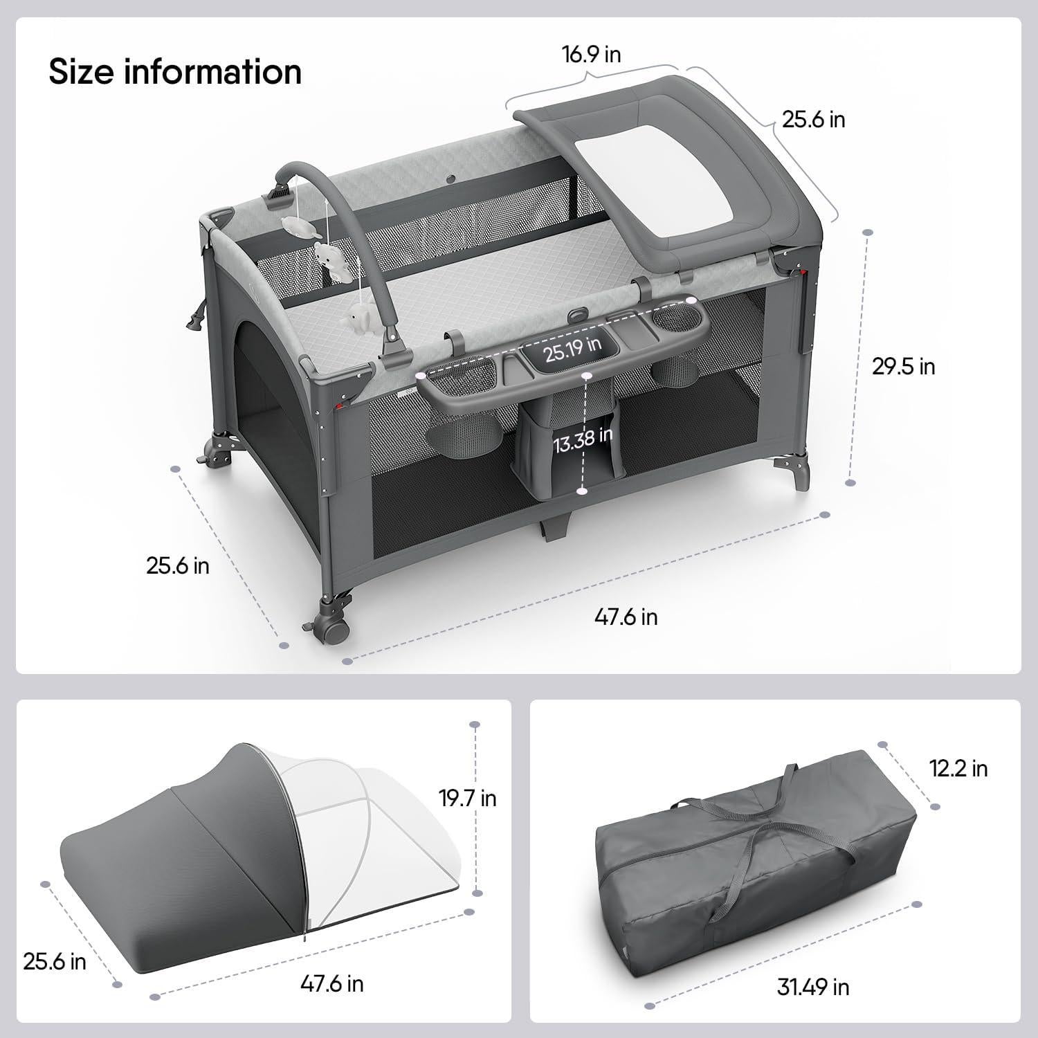 Cuna 4 en 1 Obee Odee Gris - Pack and Play, Cambiador, Colchón