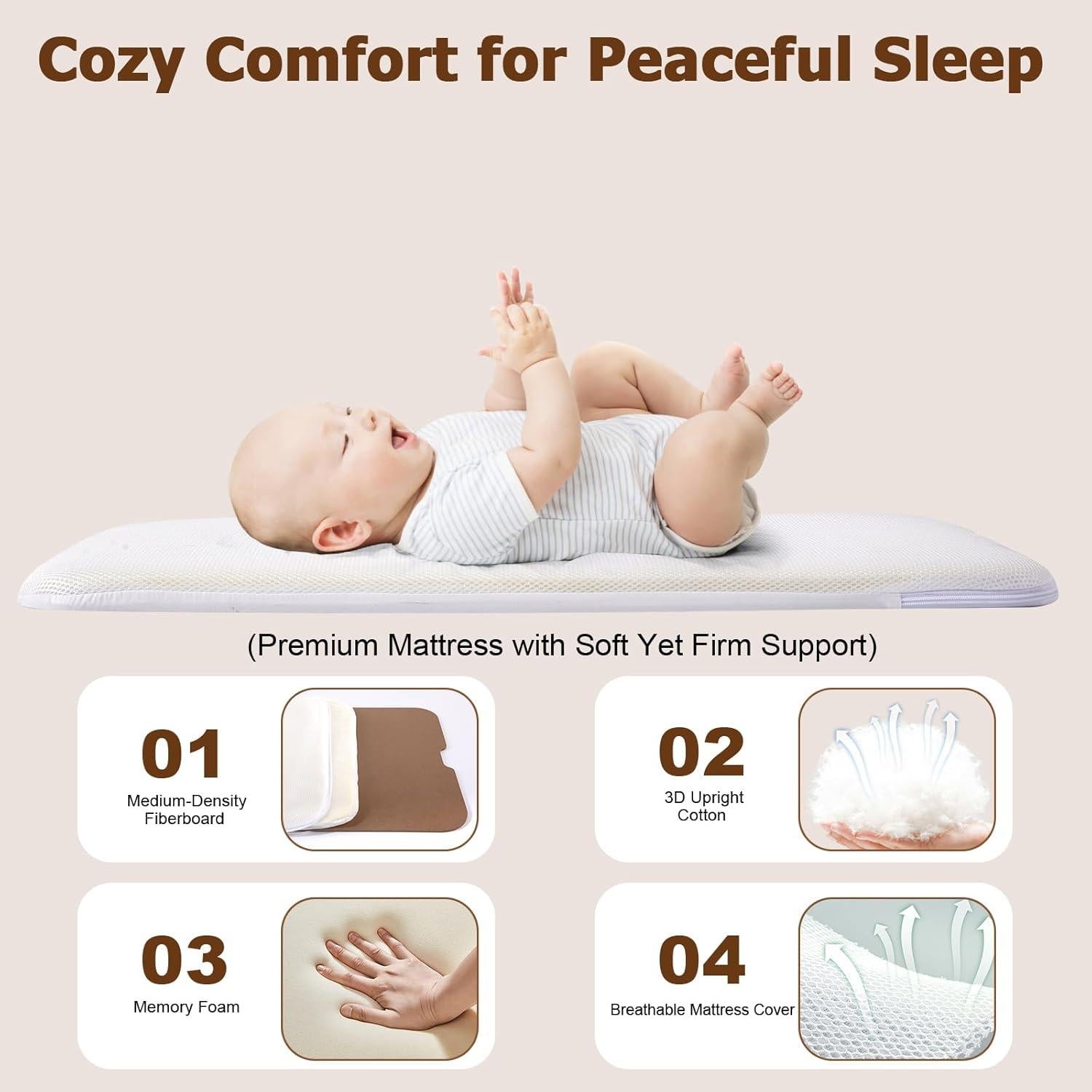 Cuna 3 en 1 ONTHEWEI Beige Avena Ajustable 6 Alturas