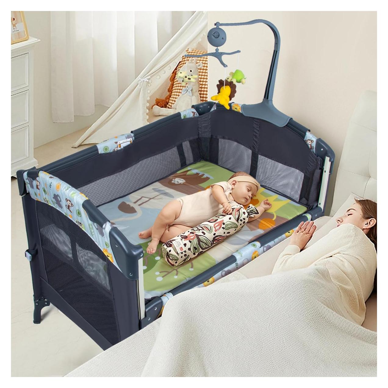 Cuna Lateral 5-en-1 SIMPLGIRL Negra, Cuna Plegable para Bebés