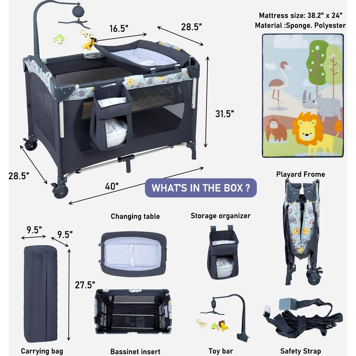 Cuna Lateral 5-en-1 SIMPLGIRL Negra, Cuna Plegable para Bebés