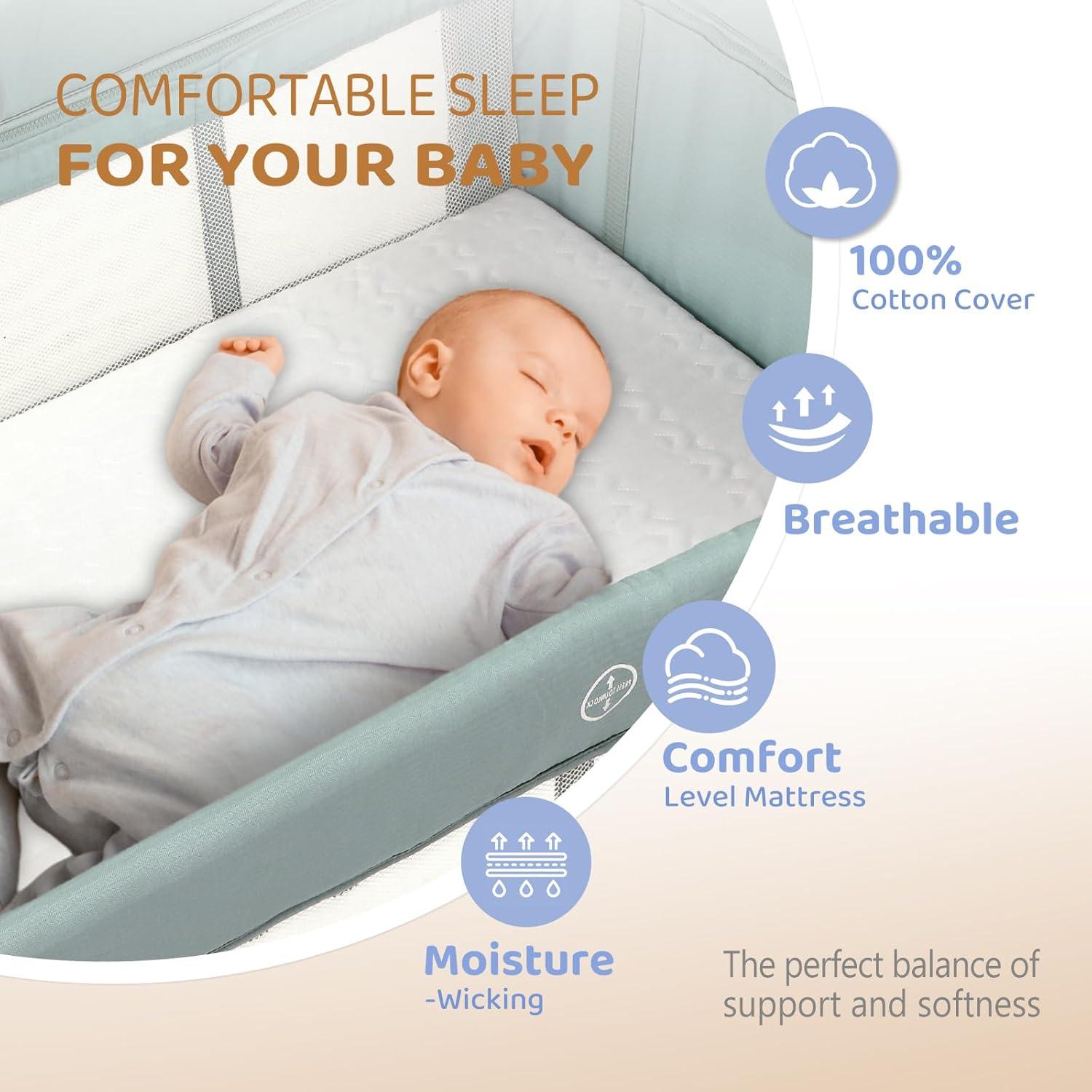 Cuna Lateral JOYMOR 3 en 1 Verde con Colchón y Sábana