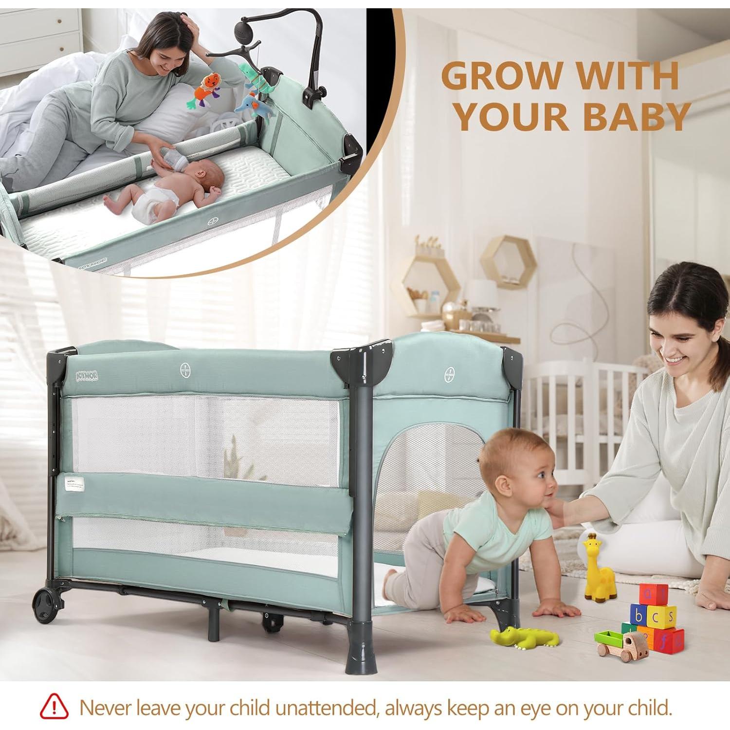 Cuna Lateral JOYMOR 3 en 1 Verde con Colchón y Sábana