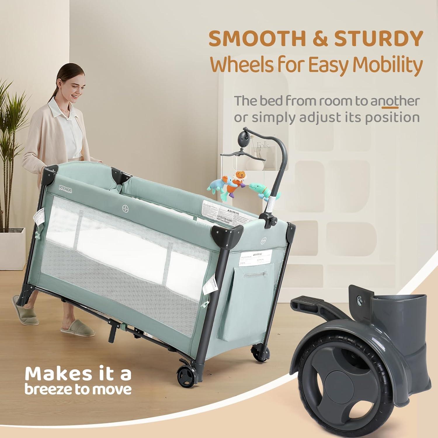 Cuna Lateral JOYMOR 3 en 1 Verde con Colchón y Sábana