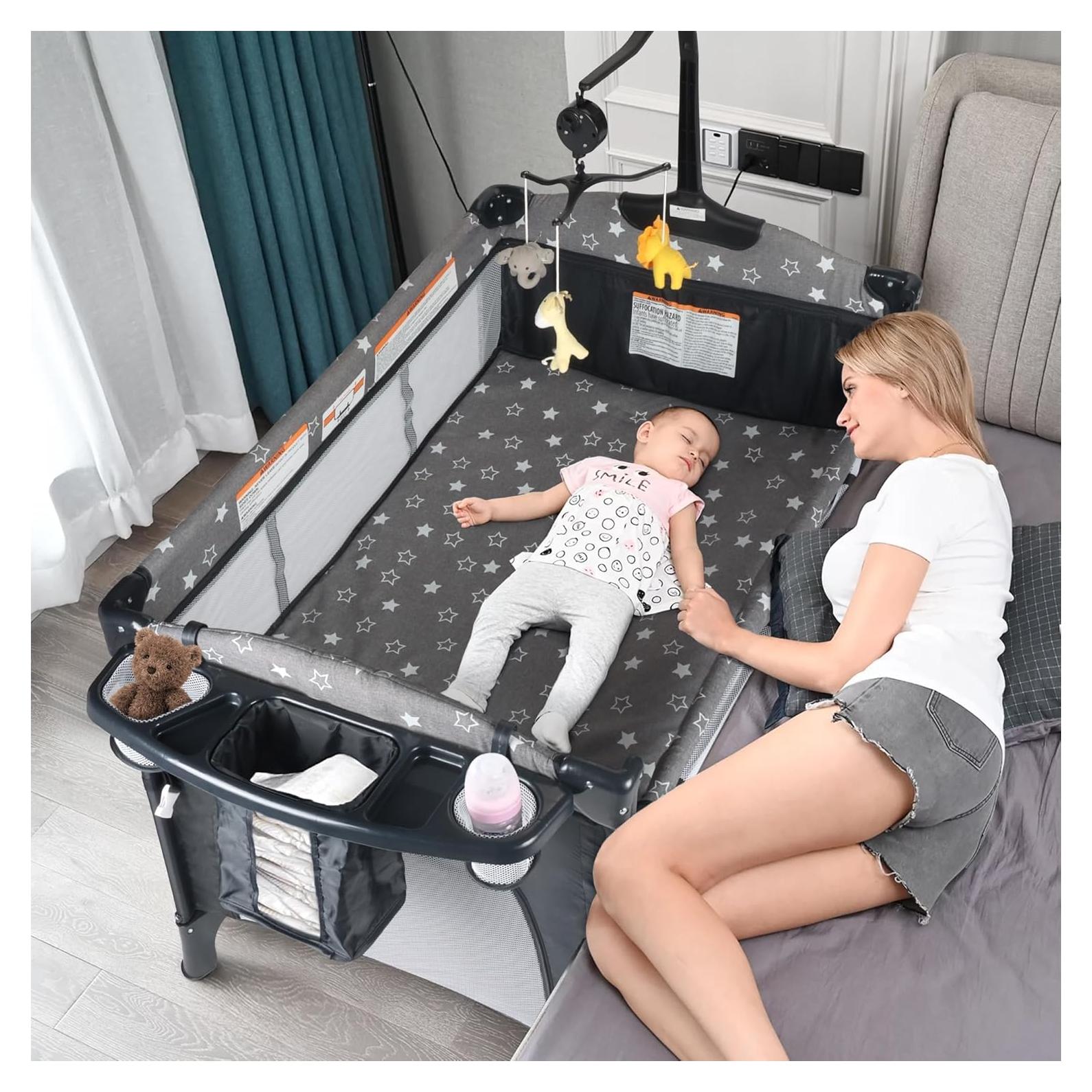 Cuna Lateral 5 en 1 BIUSIKAN para Bebés con Colchón y Cambiador