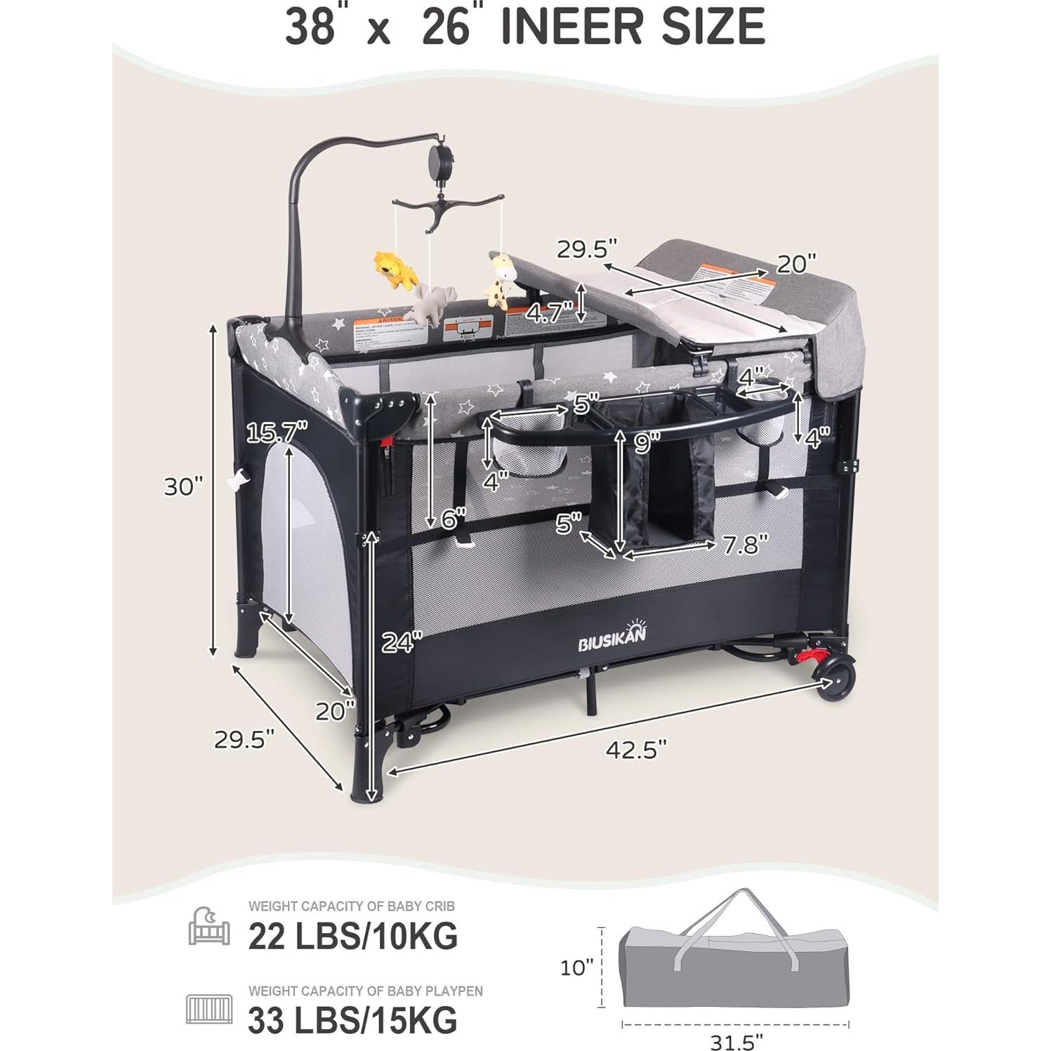 Cuna Lateral 5 en 1 BIUSIKAN para Bebés con Colchón y Cambiador