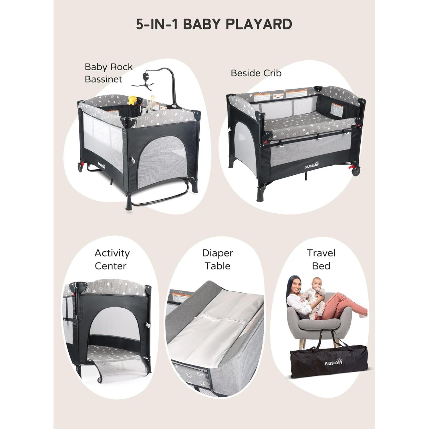 Cuna Lateral 5 en 1 BIUSIKAN para Bebés con Colchón y Cambiador