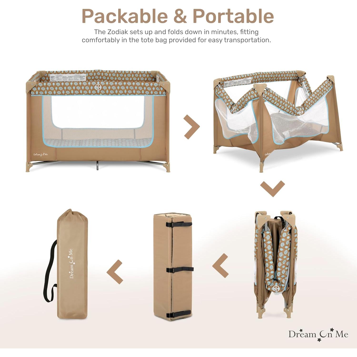 Cuna Portátil Dream On Me Zodiak Café/Azul, Ligera y Plegable
