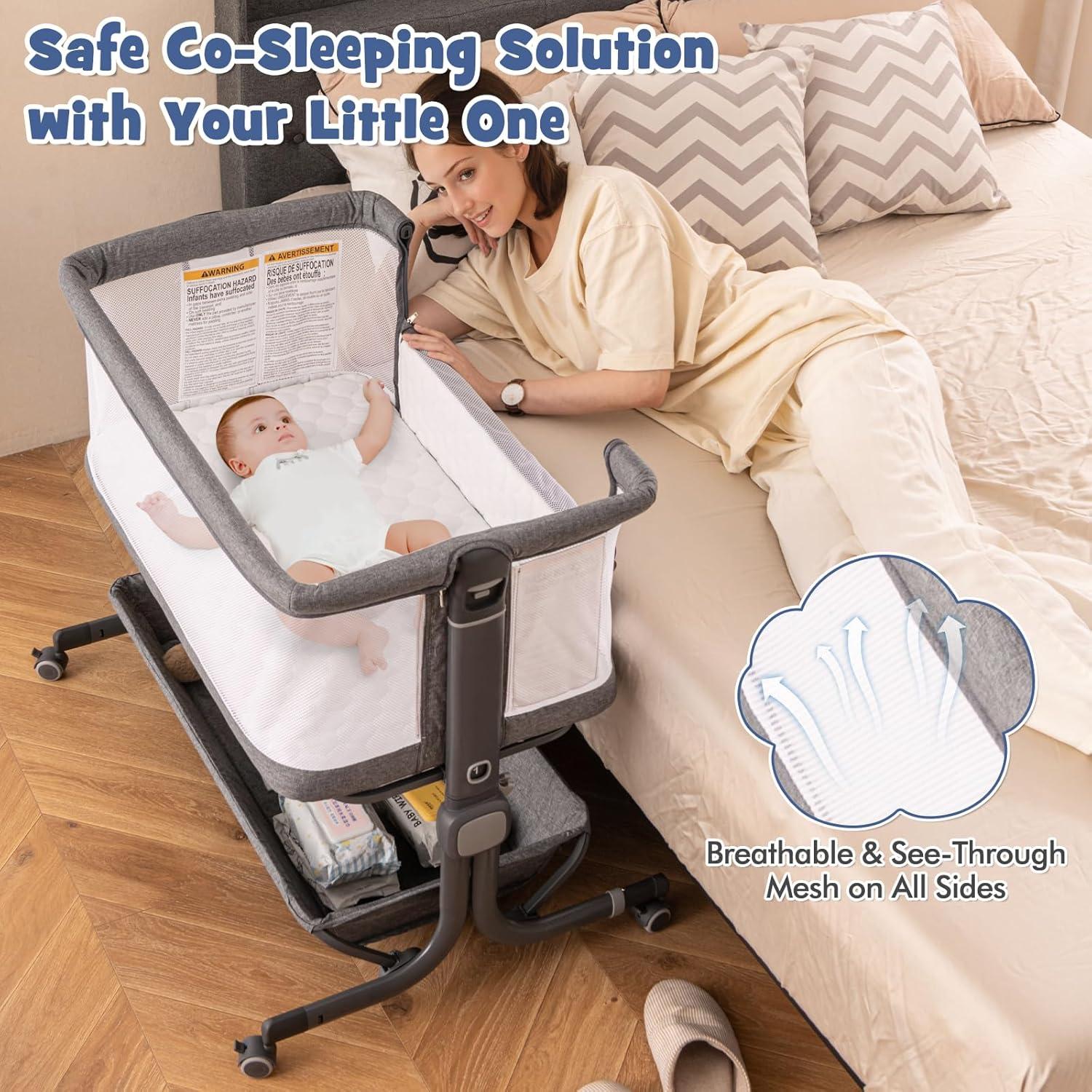 Cuna Lateral BABY JOY Ajustable 6 Niveles con Colchón y Ruedas