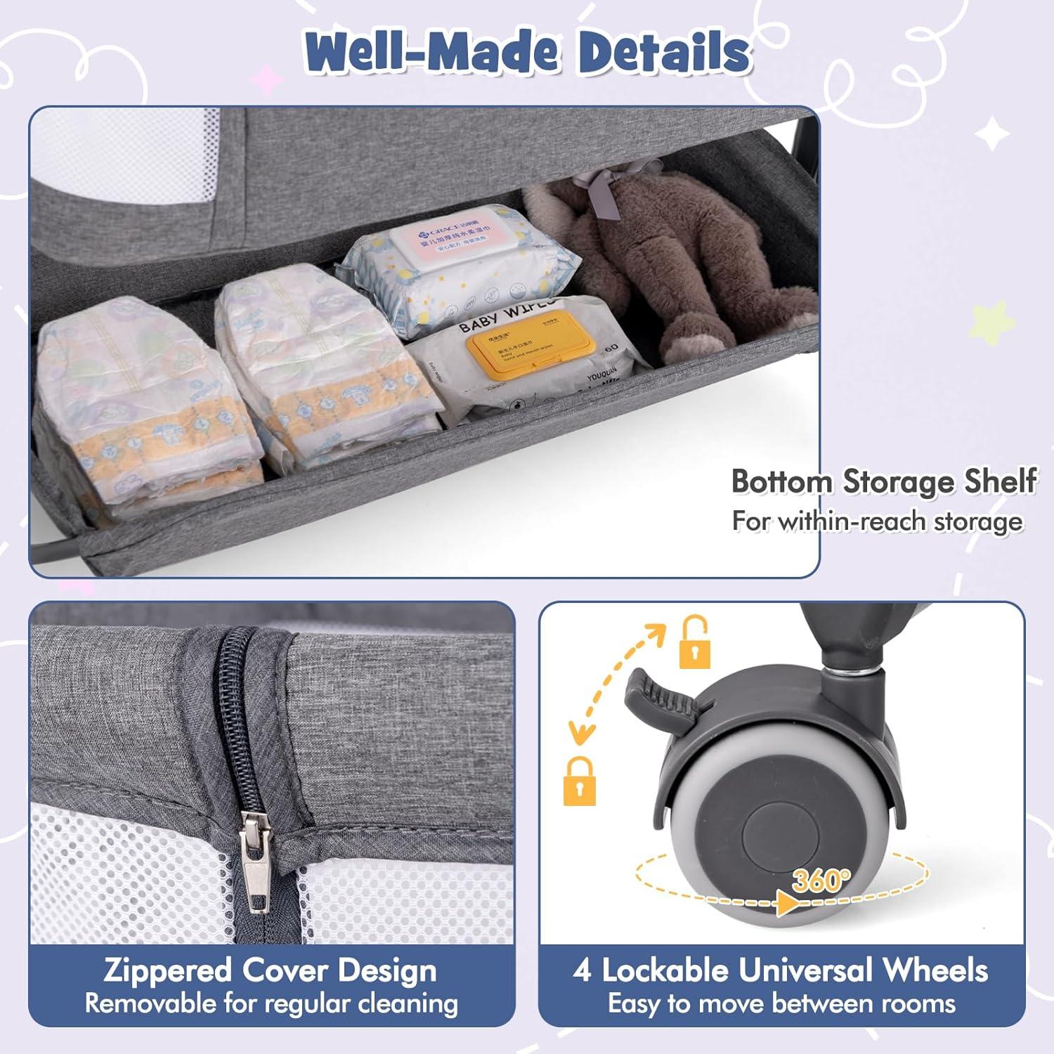 Cuna Lateral BABY JOY Ajustable 6 Niveles con Colchón y Ruedas