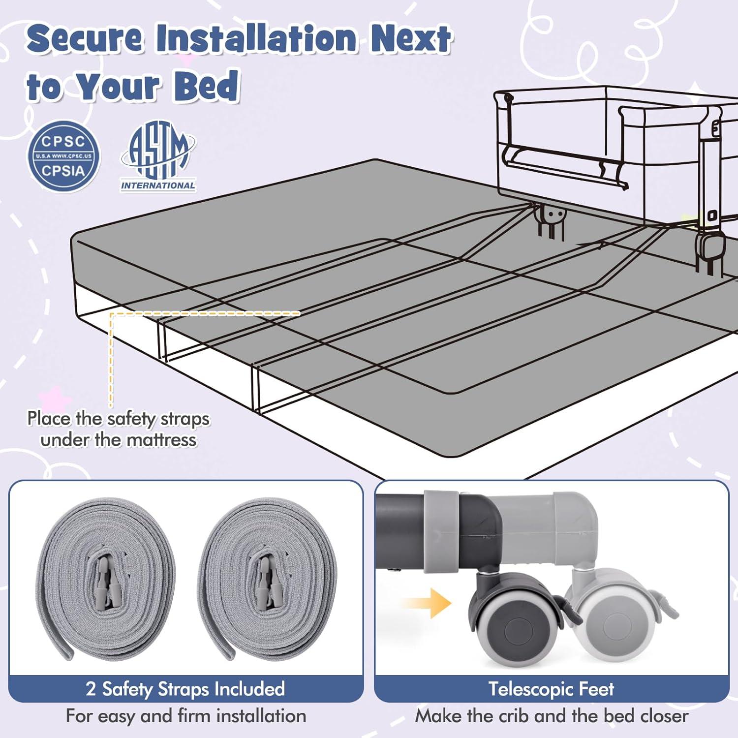 Cuna Lateral BABY JOY Ajustable 6 Niveles con Colchón y Ruedas