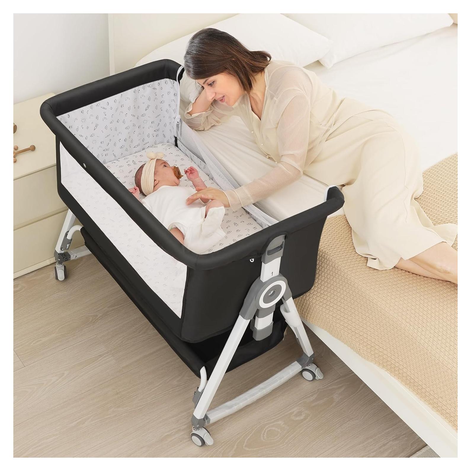 Cuna Lateral 4 en 1 OHFLY Gris Oscuro Plegable con Ruedas