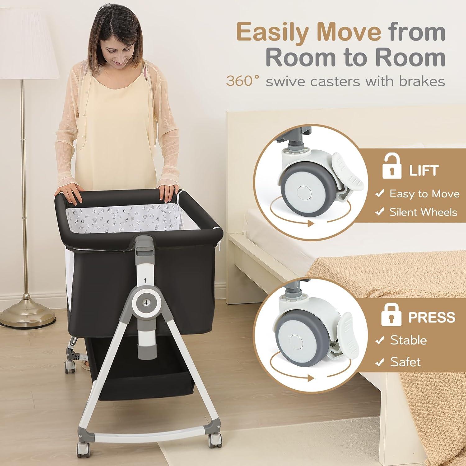 Cuna Lateral 4 en 1 OHFLY Gris Oscuro Plegable con Ruedas