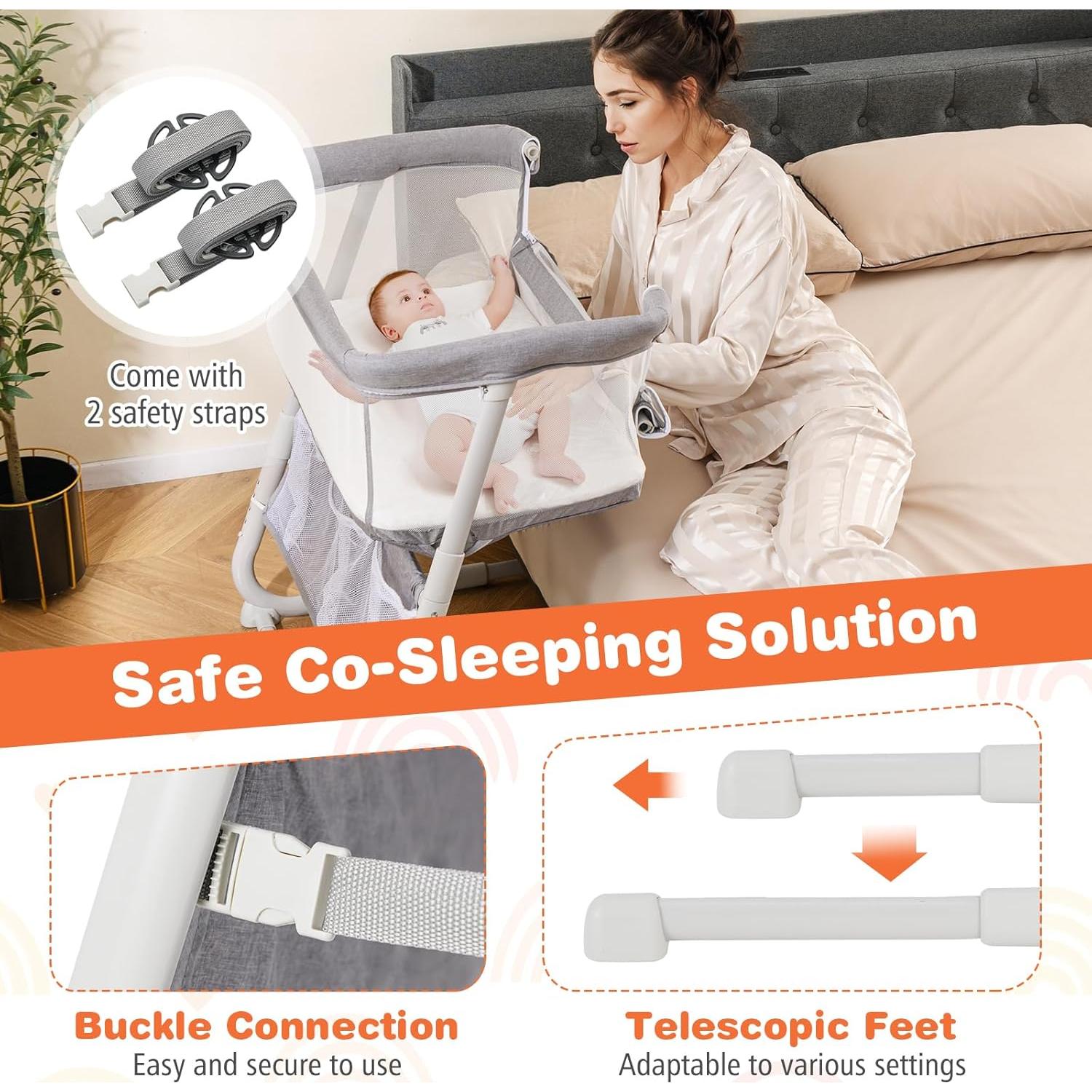 Cuna Lateral Ajustable Baby Joy Gris con Colchón y Bolsillos