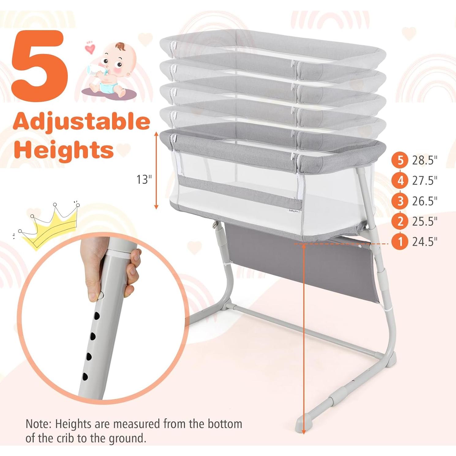 Cuna Lateral Ajustable Baby Joy Gris con Colchón y Bolsillos