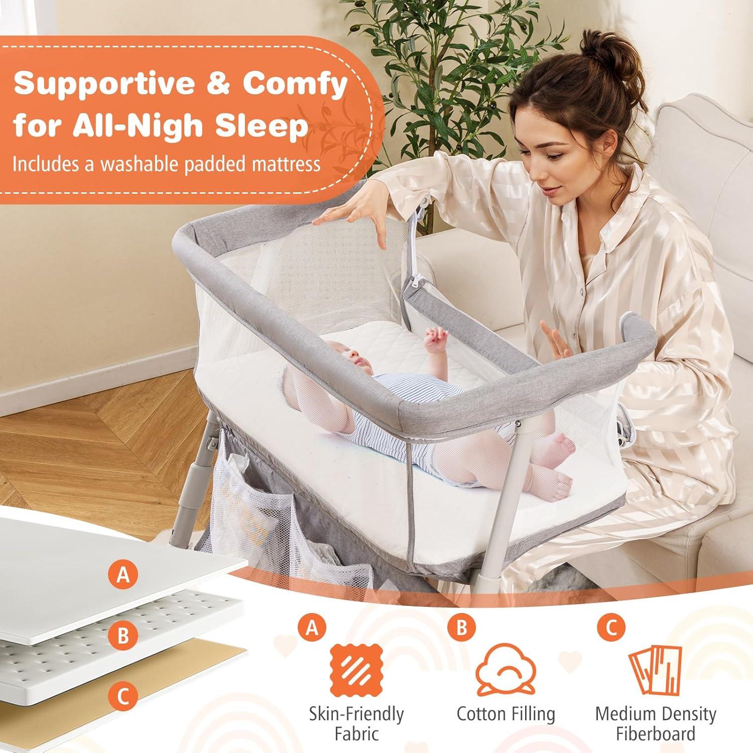 Cuna Lateral Ajustable Baby Joy Gris con Colchón y Bolsillos