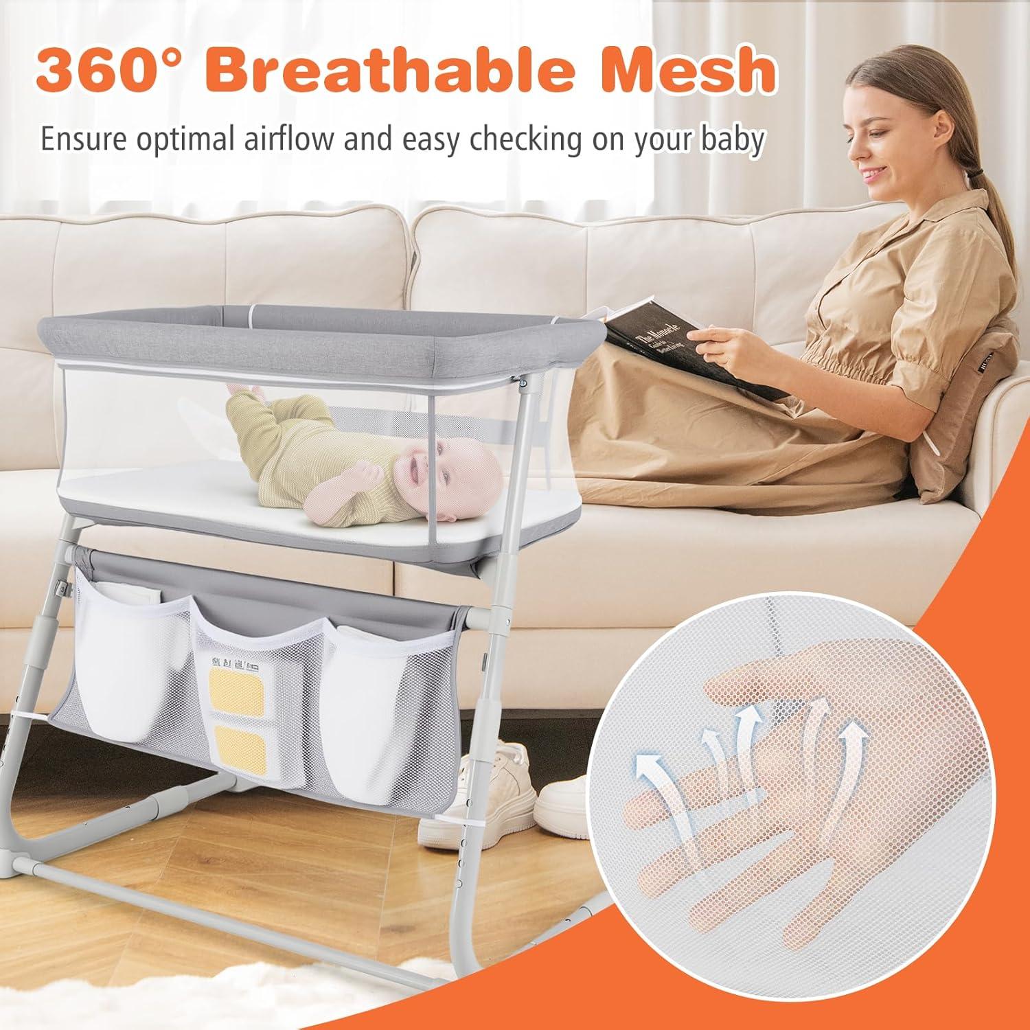 Cuna Lateral Ajustable Baby Joy Gris con Colchón y Bolsillos