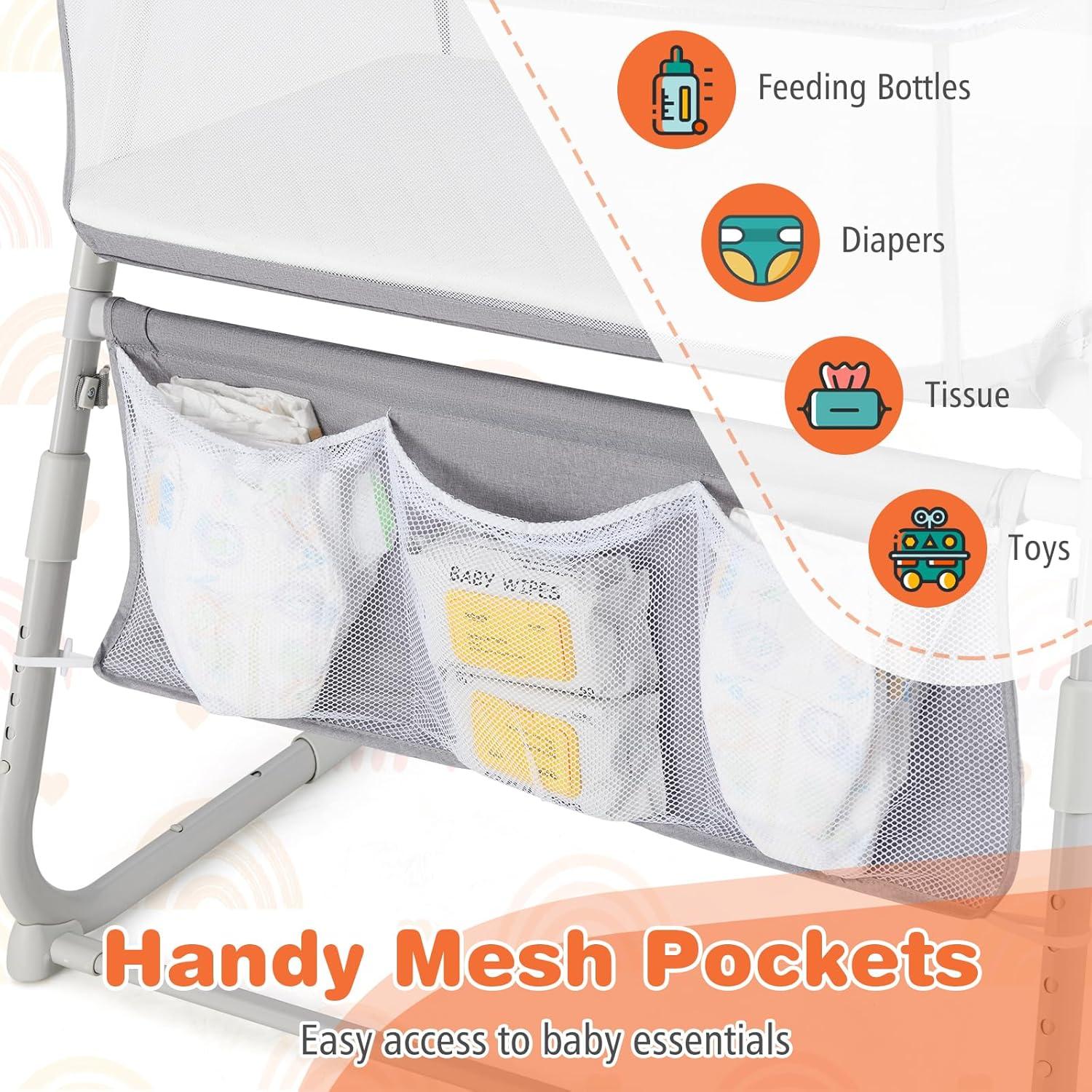 Cuna Lateral Ajustable Baby Joy Gris con Colchón y Bolsillos