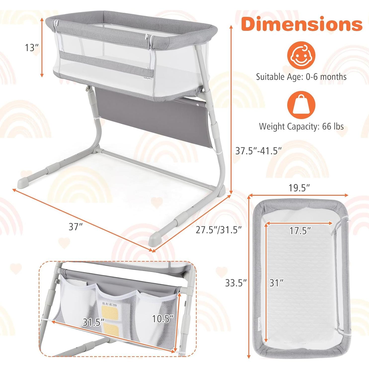 Cuna Lateral Ajustable Baby Joy Gris con Colchón y Bolsillos
