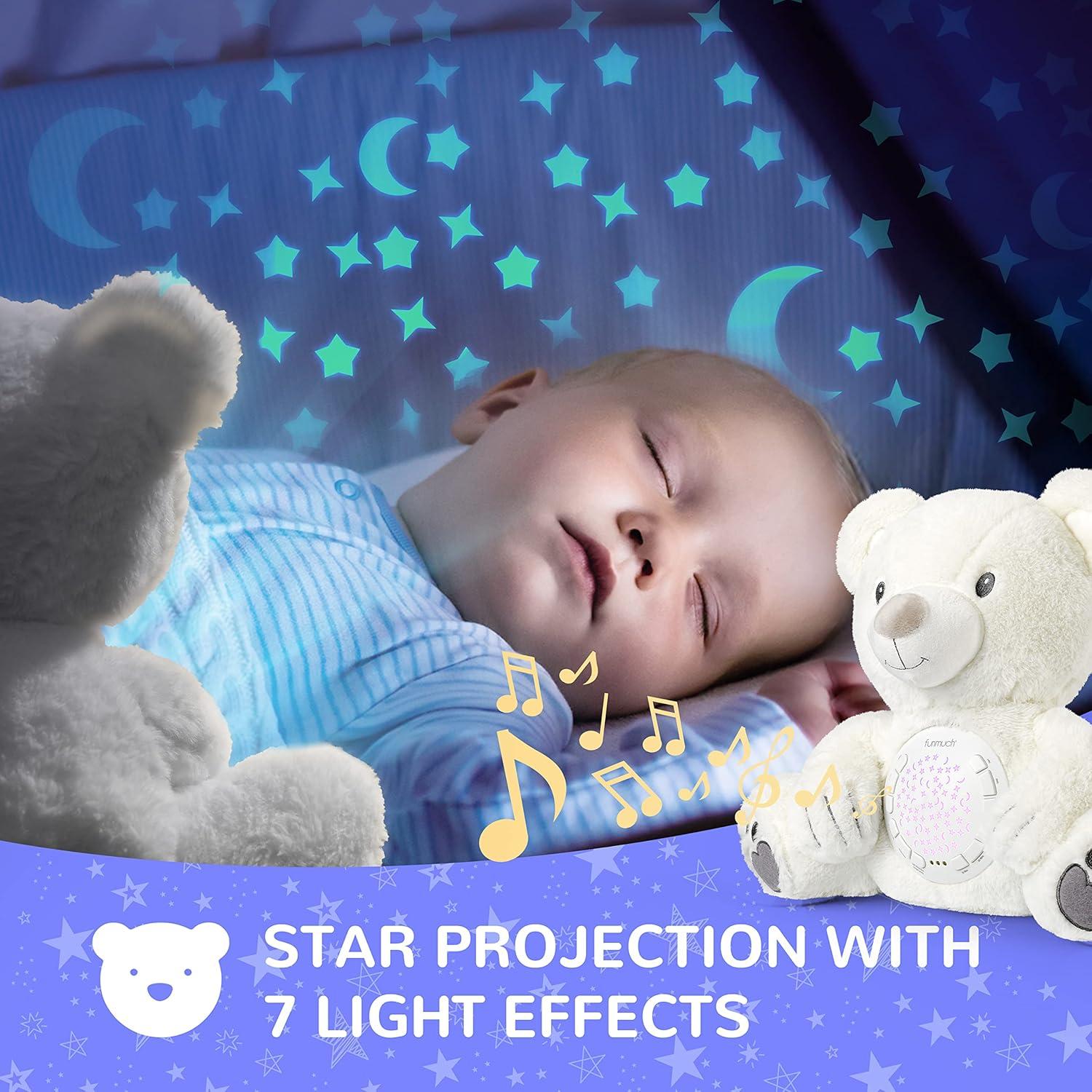 BELLOCHIDDO Baby Sleep Soother, Mom's Heartbeat Lullabies Soothing Sounds White Noise Machine, Auto-Off Timer Night Light Projector, Unique Gifts for Babies, Stuffed Animal Toys (Polar Bear)