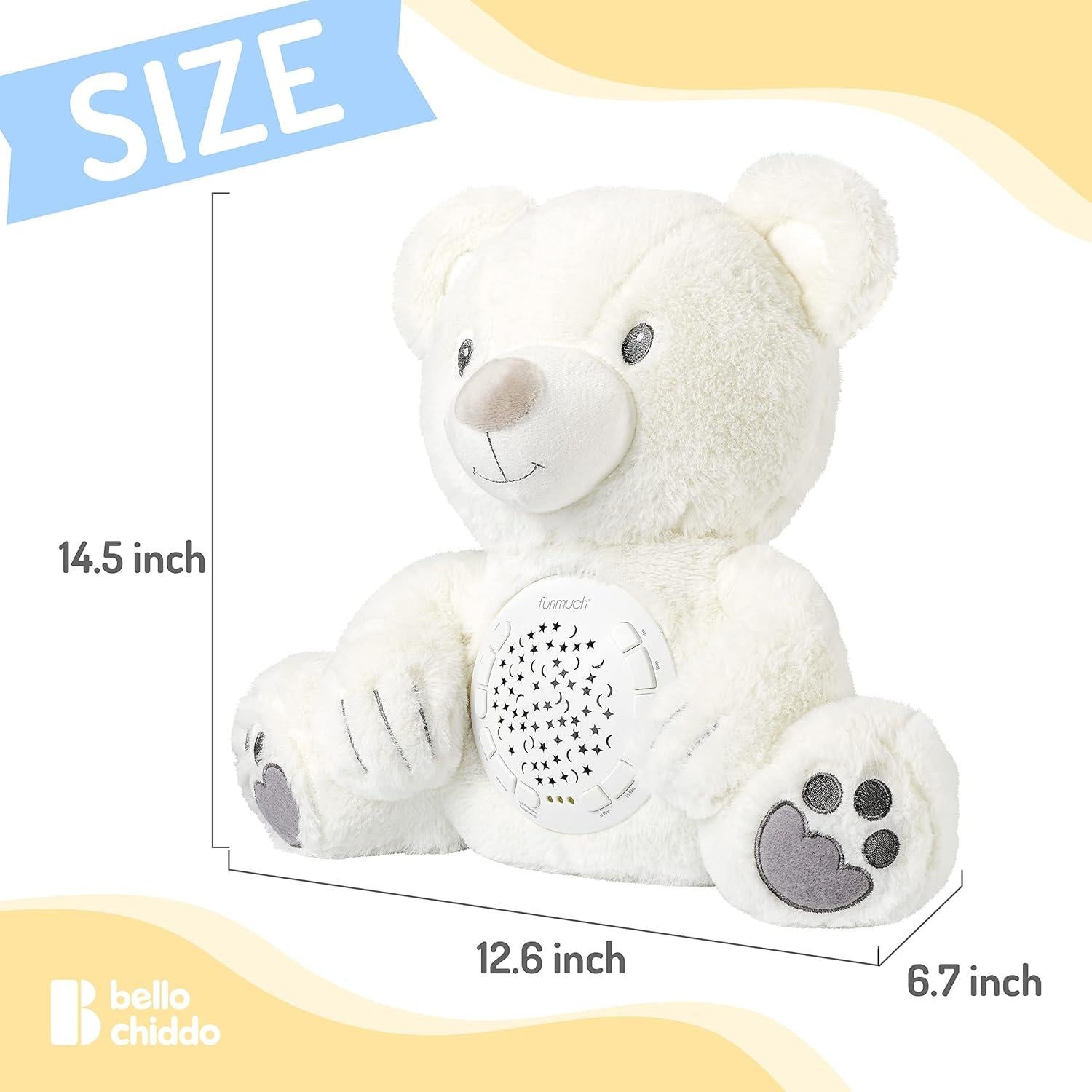 BELLOCHIDDO Baby Sleep Soother, Mom's Heartbeat Lullabies Soothing Sounds White Noise Machine, Auto-Off Timer Night Light Projector, Unique Gifts for Babies, Stuffed Animal Toys (Polar Bear)