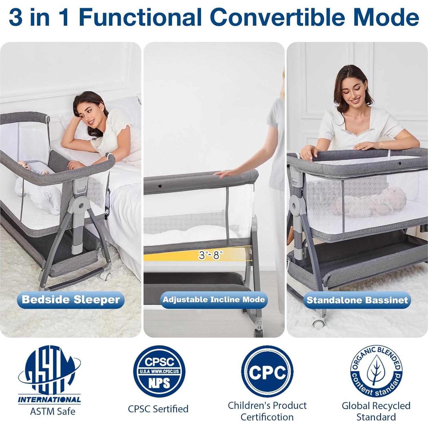 Cuna 3 en 1 Jixrolyn Gris Ajustable para Bebés con Colchón