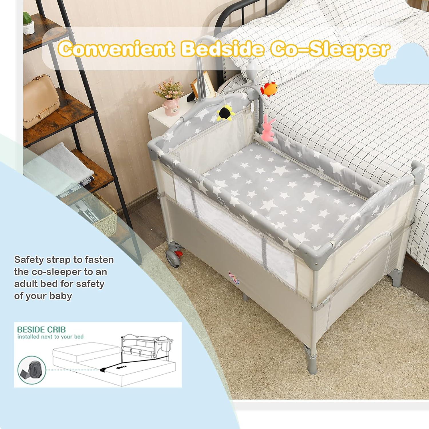 Cuna Lateral 5-en-1 HONEY JOY con Mesa de Cambio y Juguetes Beige