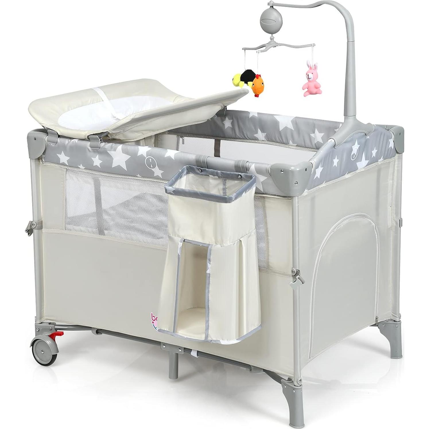 Cuna Lateral 5-en-1 HONEY JOY con Mesa de Cambio y Juguetes Beige