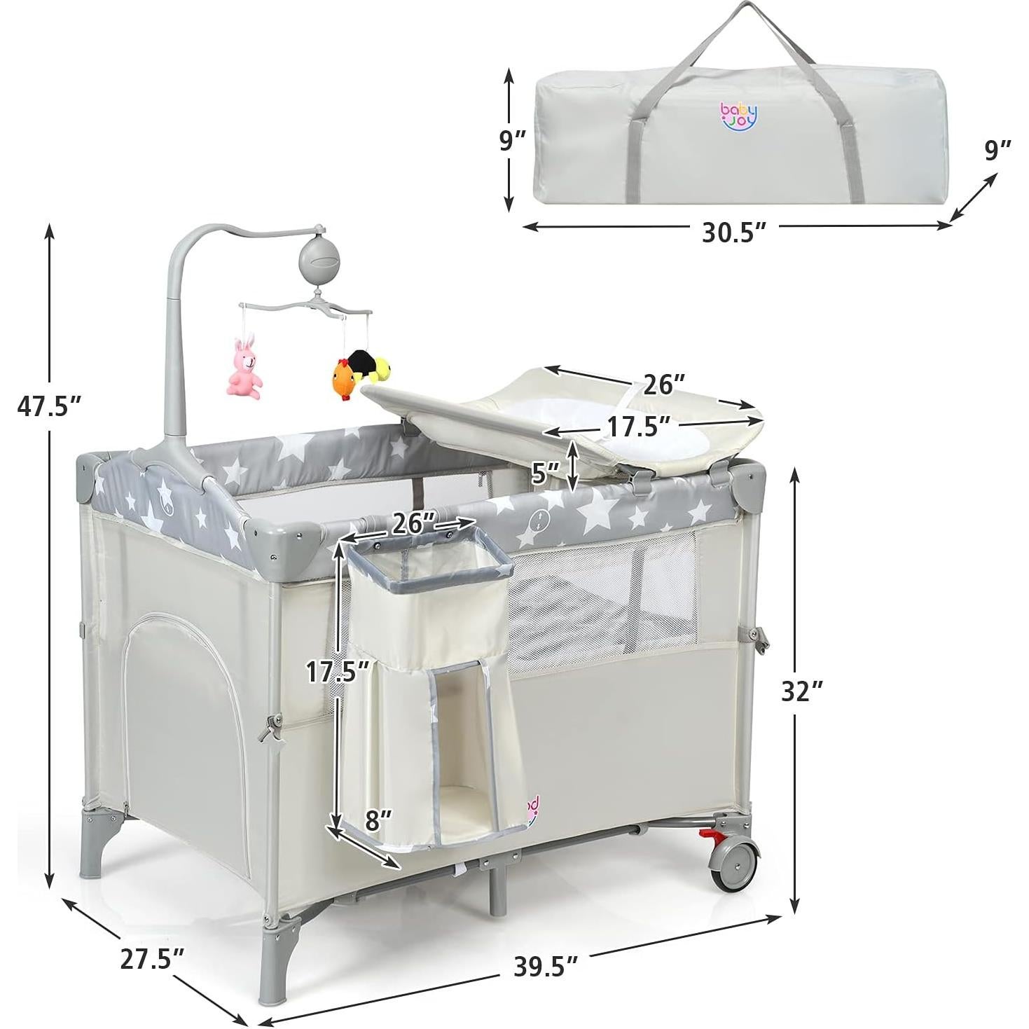Cuna Lateral 5-en-1 HONEY JOY con Mesa de Cambio y Juguetes Beige