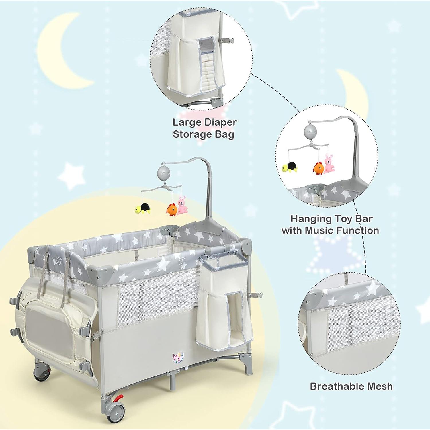 Cuna Lateral 5-en-1 HONEY JOY con Mesa de Cambio y Juguetes Beige