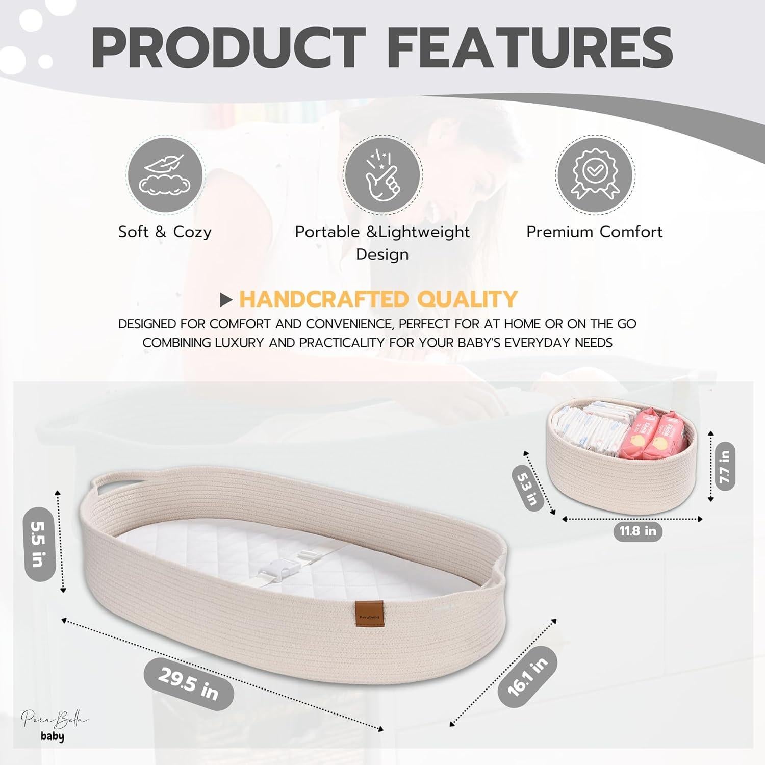 Cesta de Cambio para Bebé PeraBella Algodón Blanco 75x41x14 cm