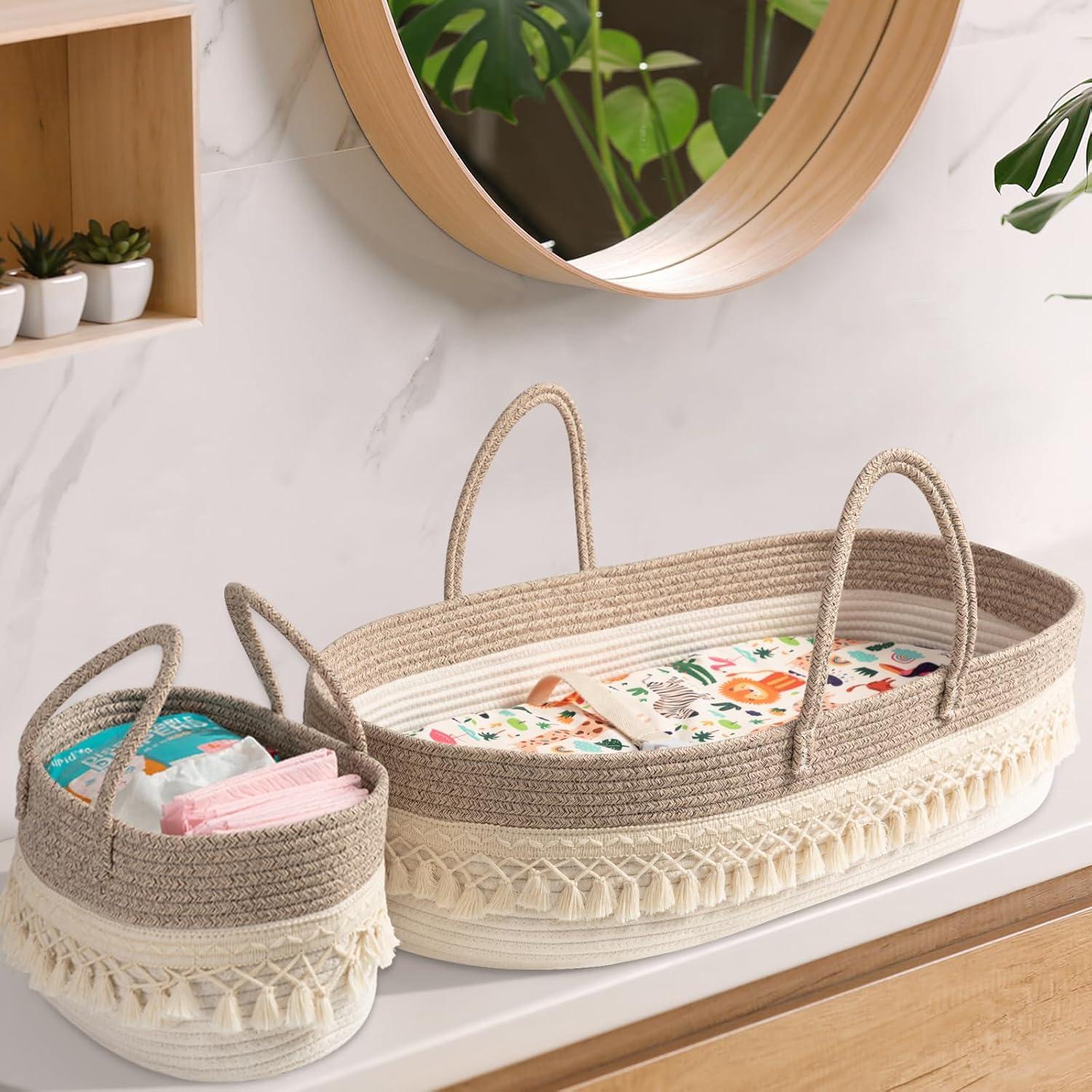 Cesta para Cambiar Bebés Boho con Almohadilla Impermeable
