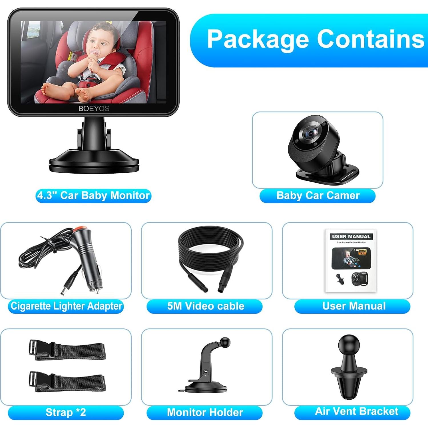 Espejo de Coche para Bebé BOEYOS BM500 - Pantalla 4.3" HD 1080P