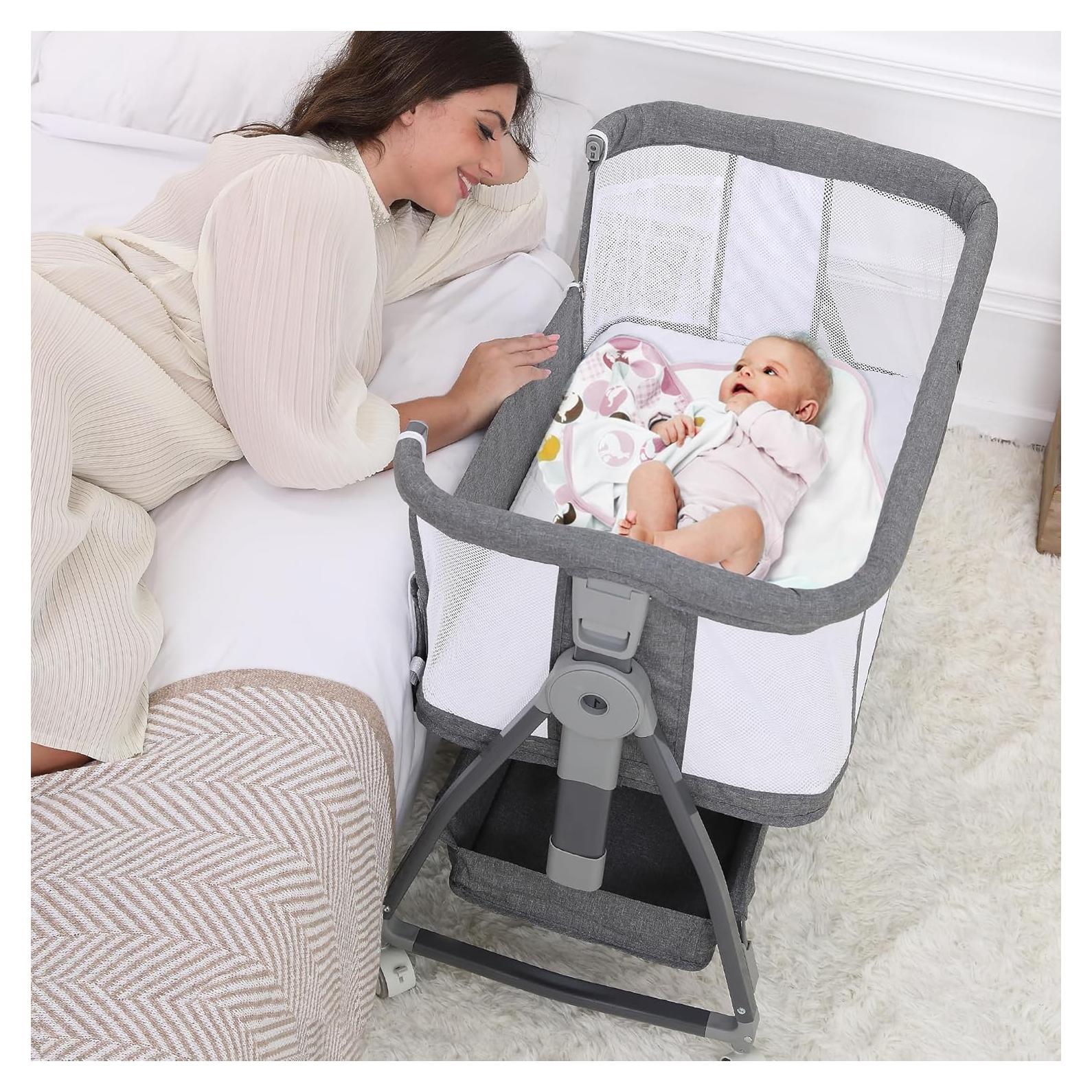 Cuna Lateral 3 en 1 Luvkixen Gris con Colchón y Ruedas