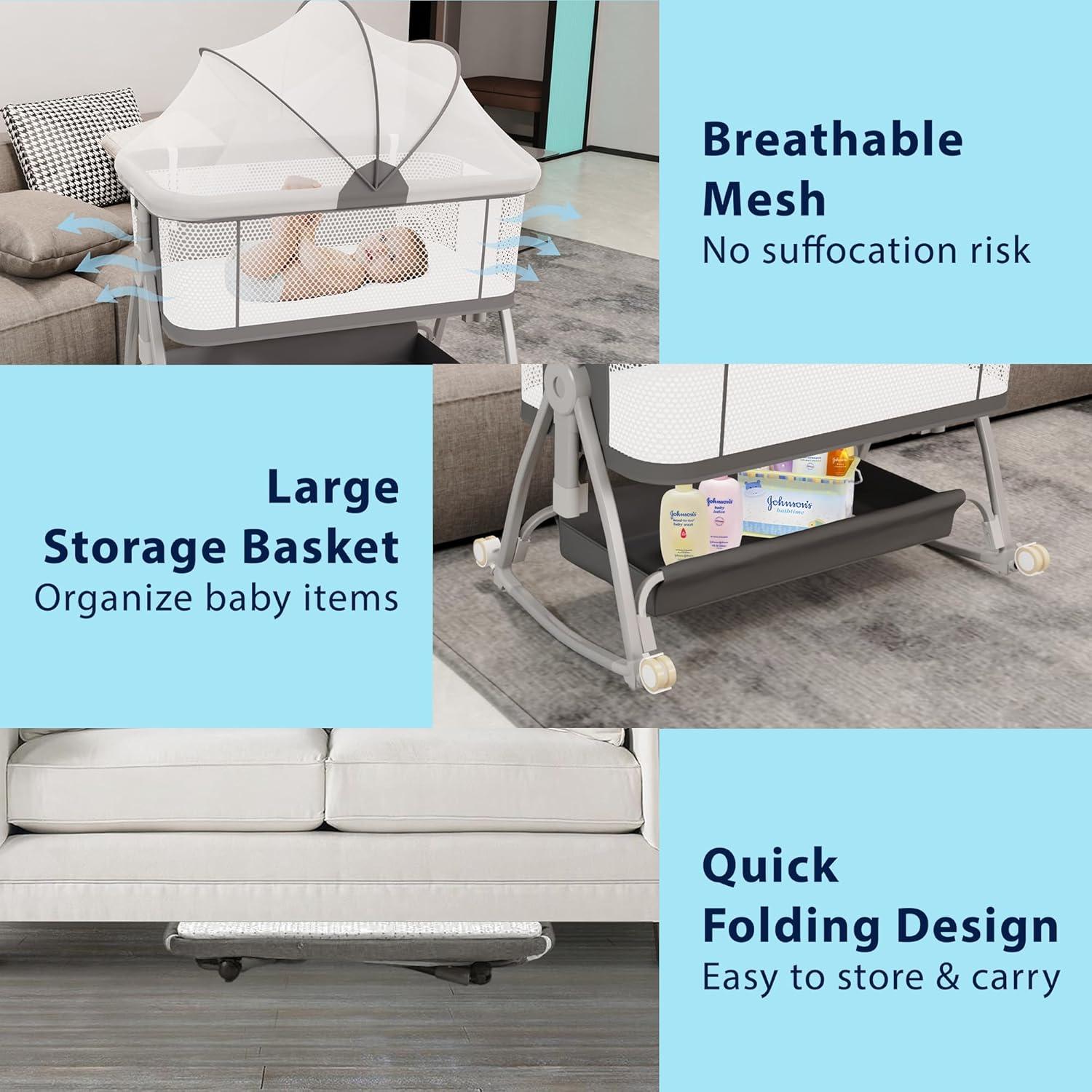 Cuna Lateral 3 en 1 Luvkixen Gris con Colchón y Ruedas